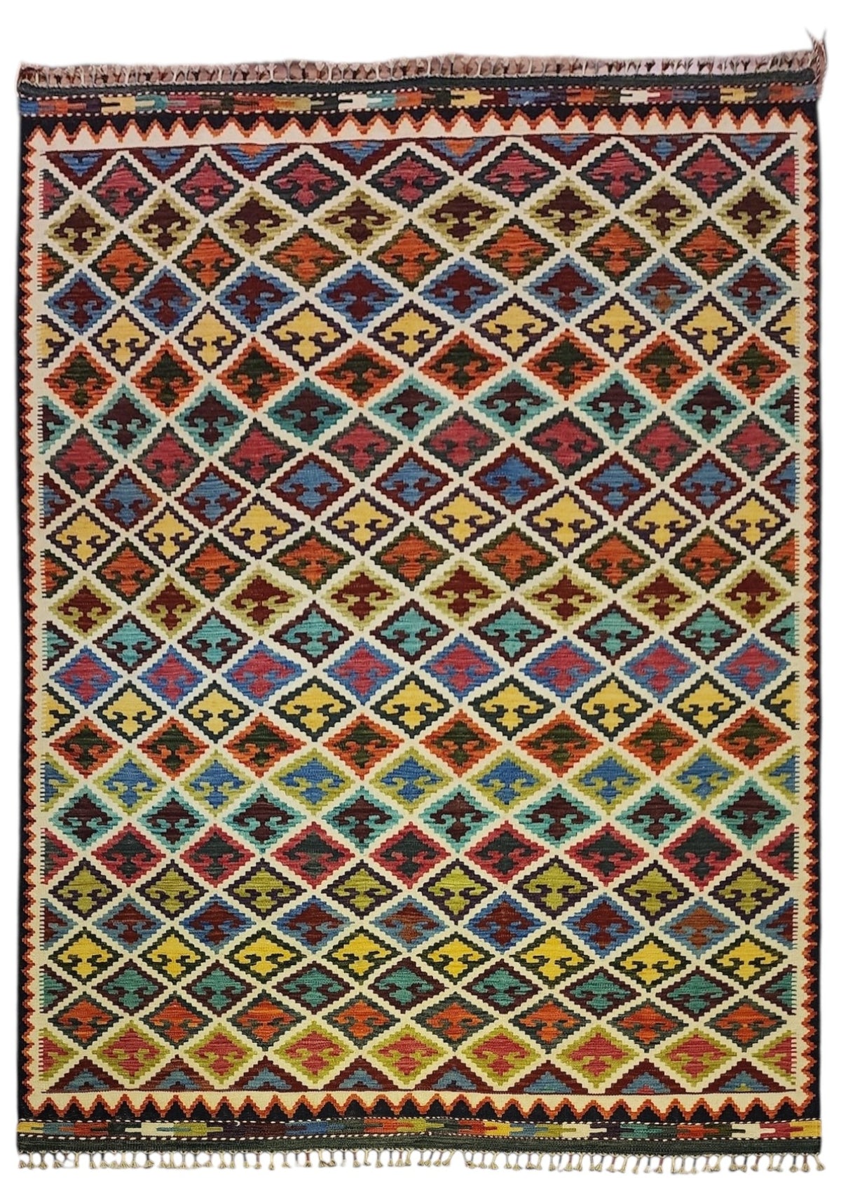 Afghan Kilim Rug 6x8, Ivory, Rust & Brown, Hand-Woven Wool Flatweave