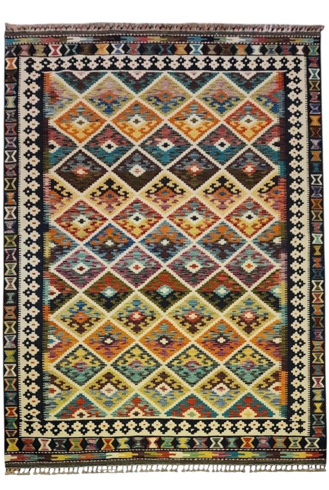 Afghan Kilim Rug 6x8, Beige, Orange & Ivory, Hand-Woven Wool Flatweave