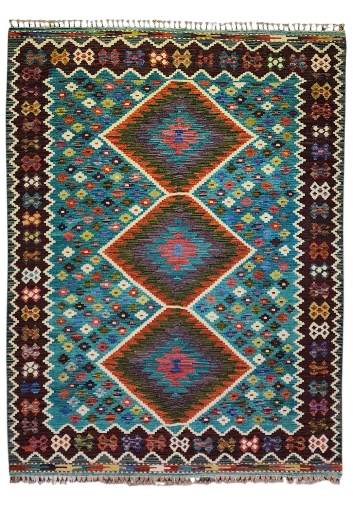 Afghan Kilim Rug 6x8, Teal, Brown & Rust, Hand-Woven Wool Flatweave