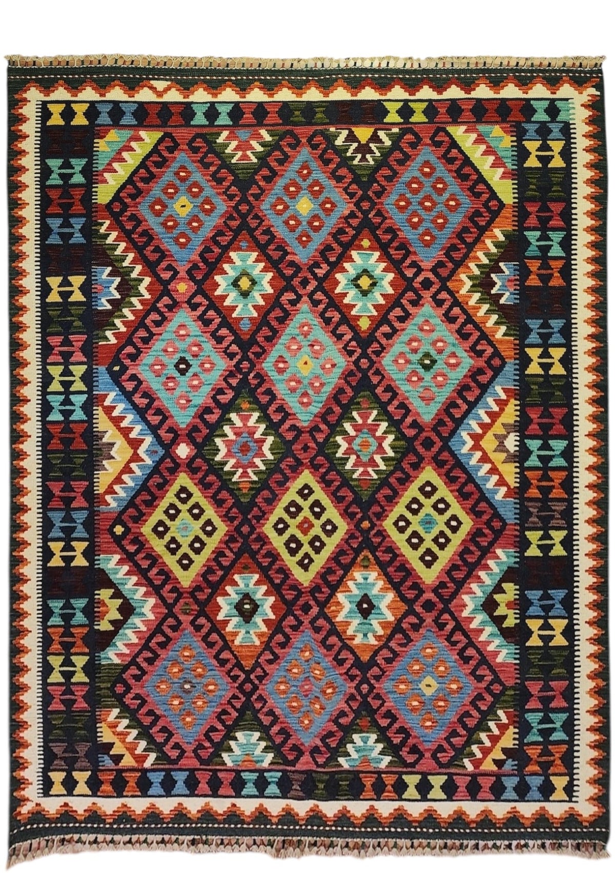Afghan Kilim Rug 6x8, Black, Rust & Pink, Hand-Woven Wool Flatweave