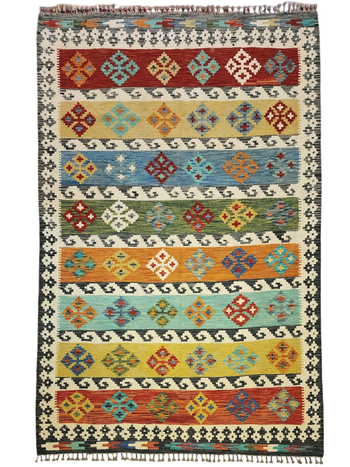 Afghan Kilim Rug 6x8, Ivory, Rust & Olive Green, Hand-Woven Wool Flatweave
