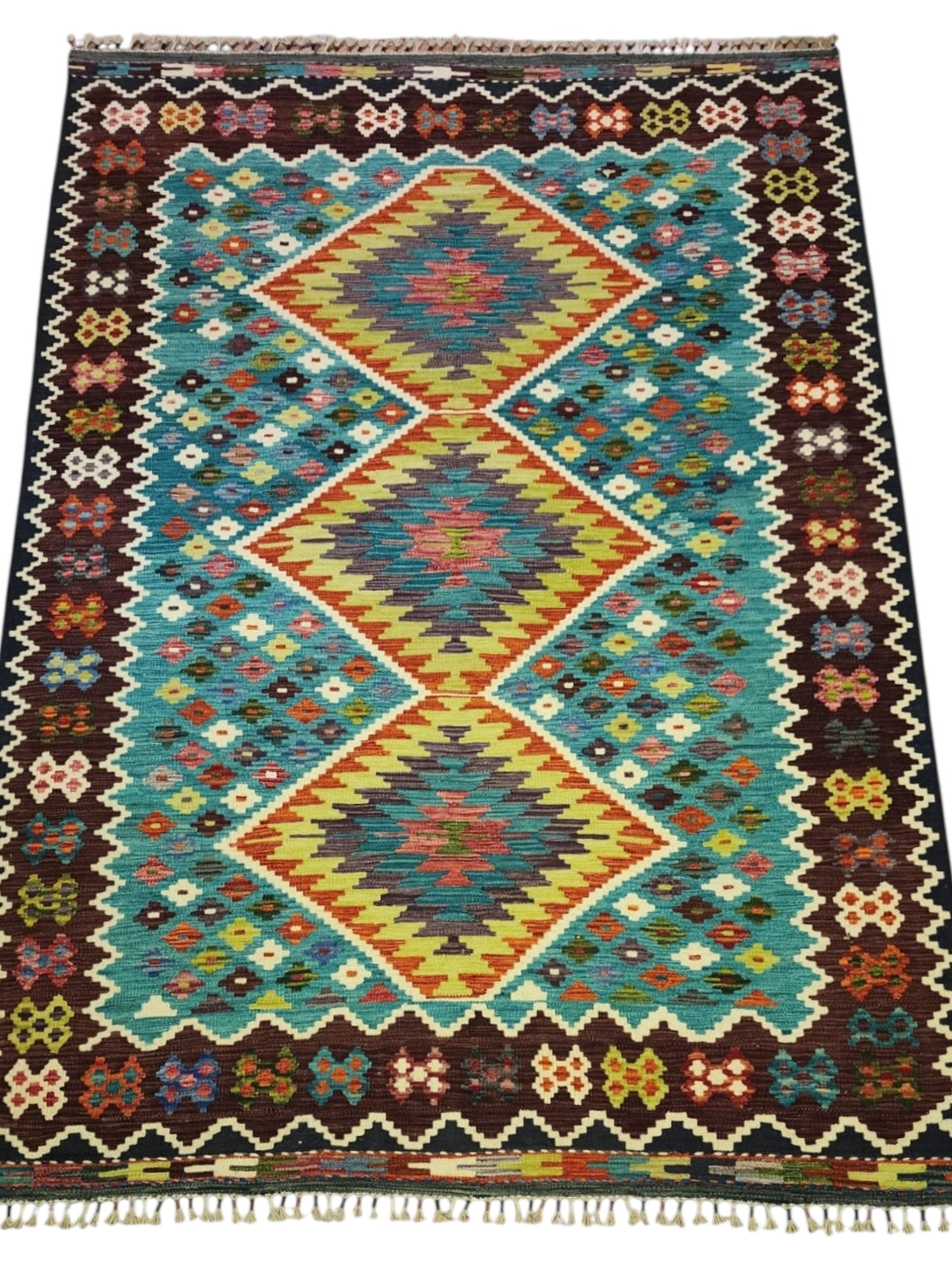 Afghan Kilim Rug 6x8, Teal, Brown & Orange, Diamond Medallion Wool Flatweave, view 2