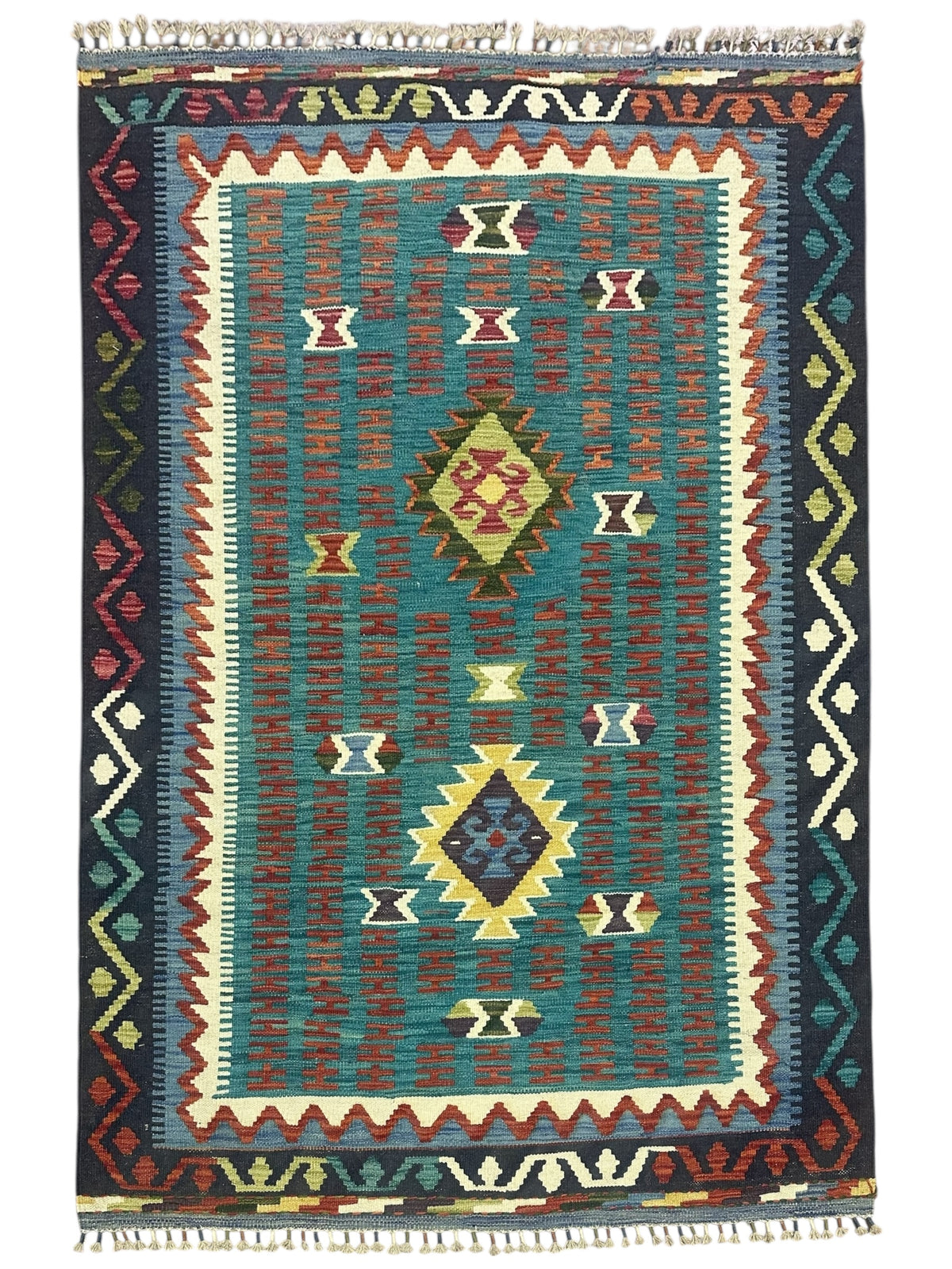 Afghan Kilim Rug 4x6, Teal, Navy & Rust, Hand-Woven Wool Flatweave