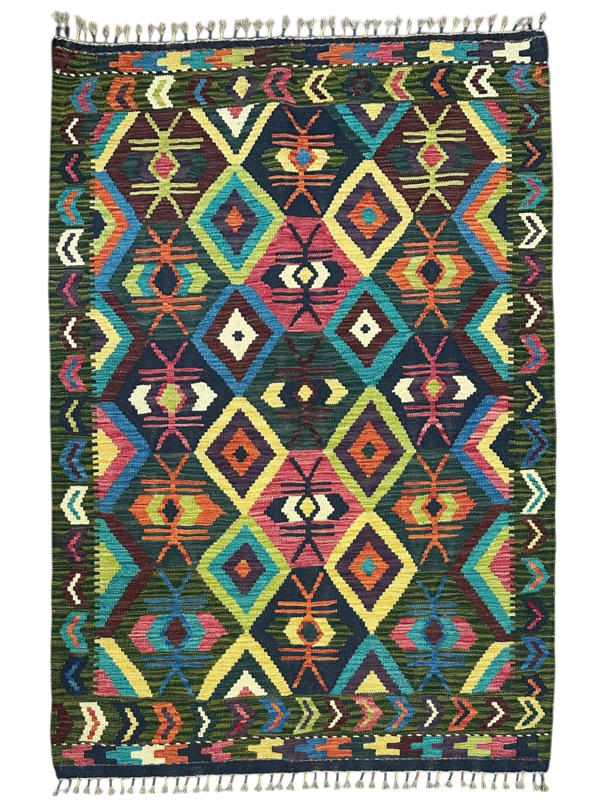 Afghan Kilim Rug 4x6, Olive Green, Navy & Teal, Diamond Lattice Wool Flatweave