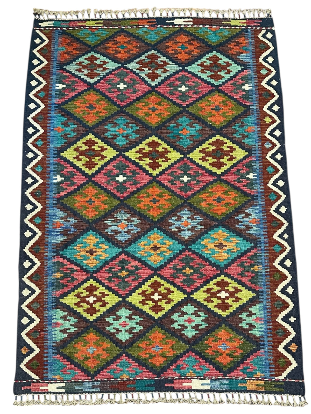 Afghan Kilim Rug 4x6, Navy, Pink & Teal, Diamond Lattice Wool Flatweave, view 2