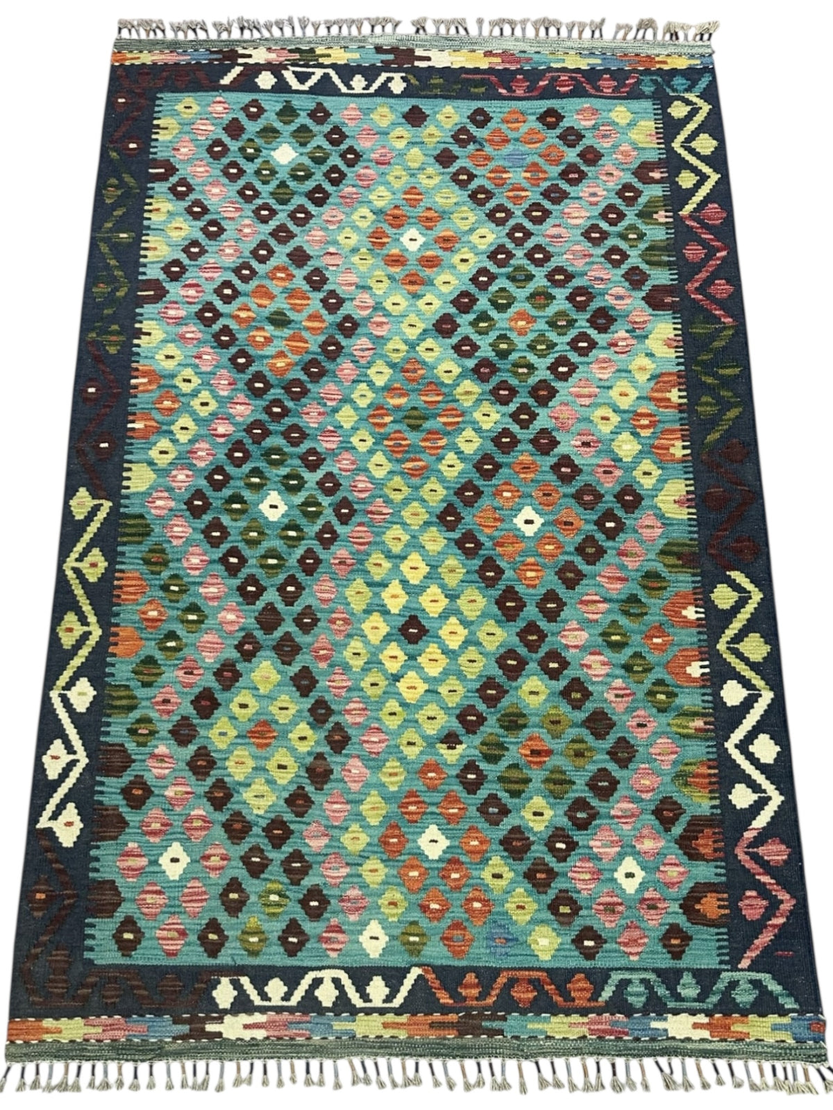 Afghan Kilim Rug 4x6, Teal, Navy & Green, Hand-Woven Wool Flatweave, view 2