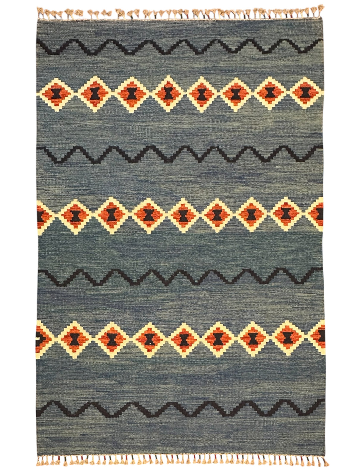 Afghan Kilim Rug 4x6, Blue, Gray & Ivory, Hand-Woven Wool Flatweave