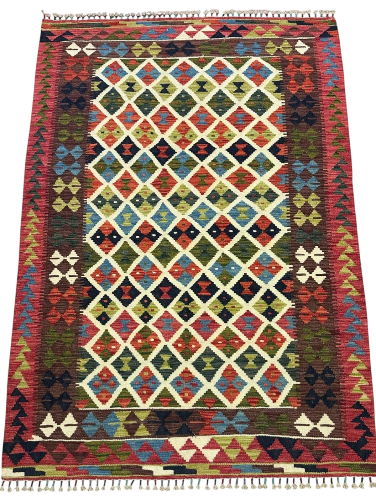 Afghan Kilim Rug 4x6, Rust, Ivory & Navy, Hand-Woven Wool Flatweave, view 2