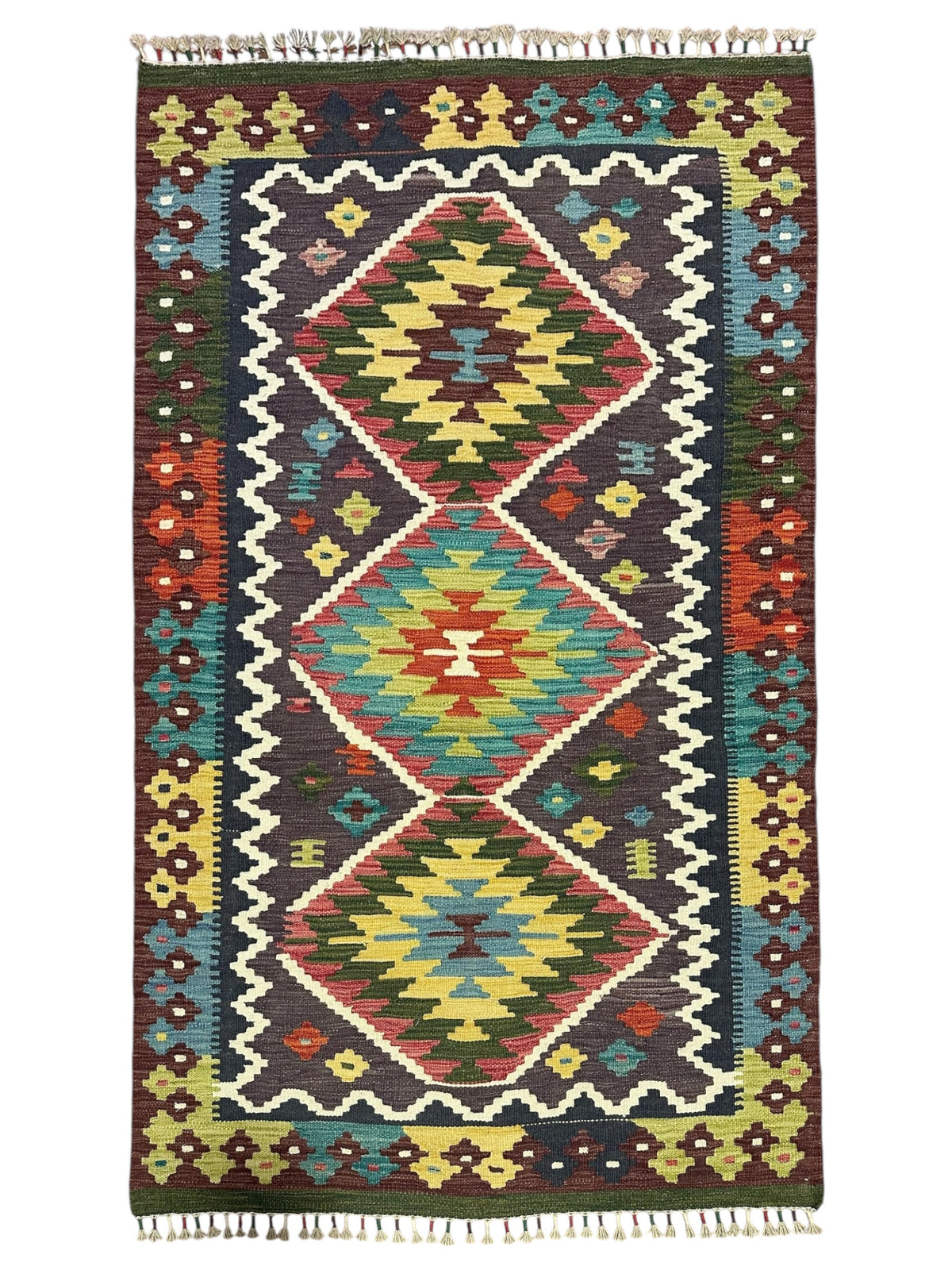 Afghan Kilim Rug 4x6, Brown, Olive Green & Gold, Hand-Woven Wool Flatweave