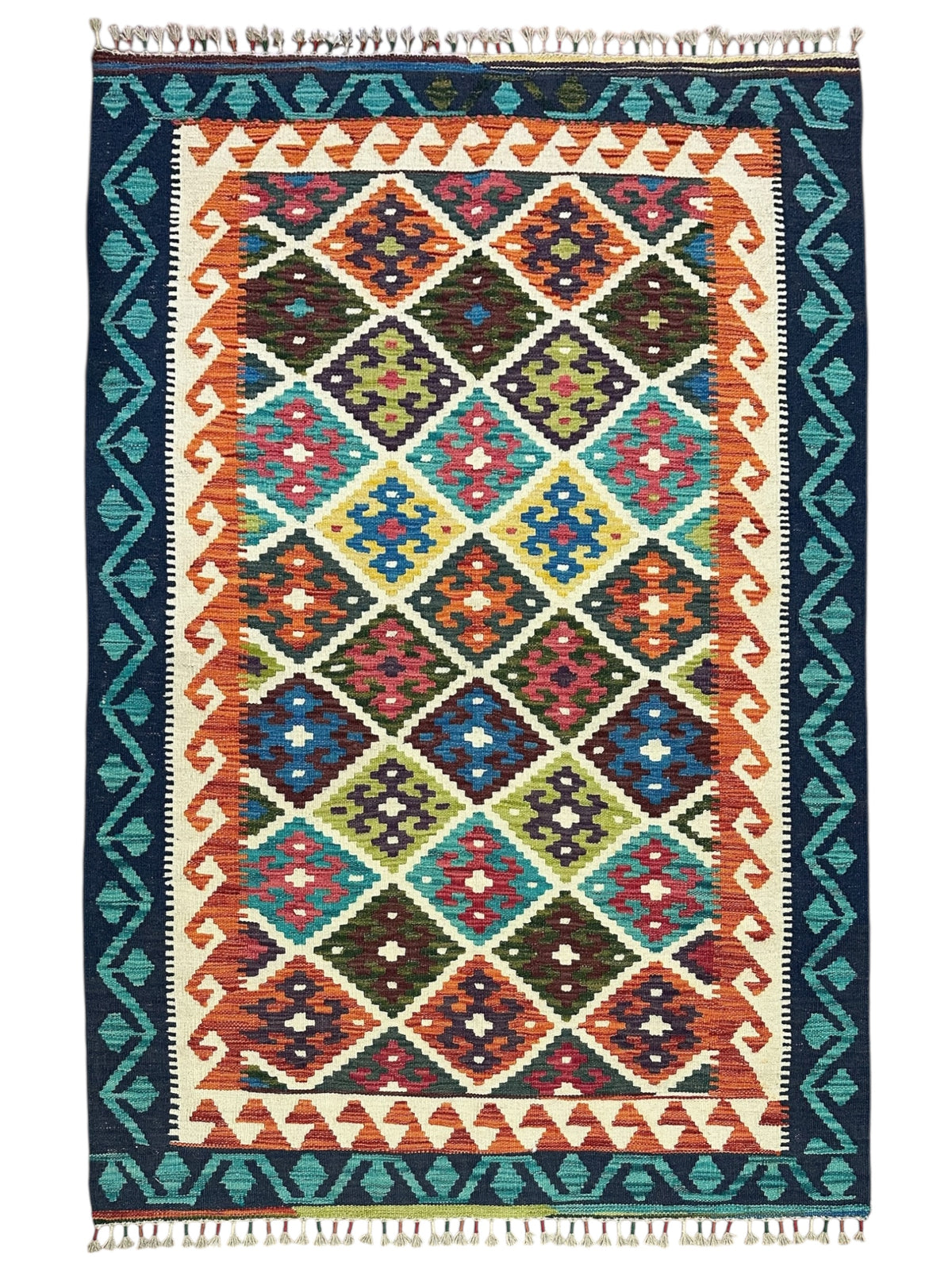 Afghan Kilim Rug 4x6, Orange, Navy & Teal, Hand-Woven Wool Flatweave