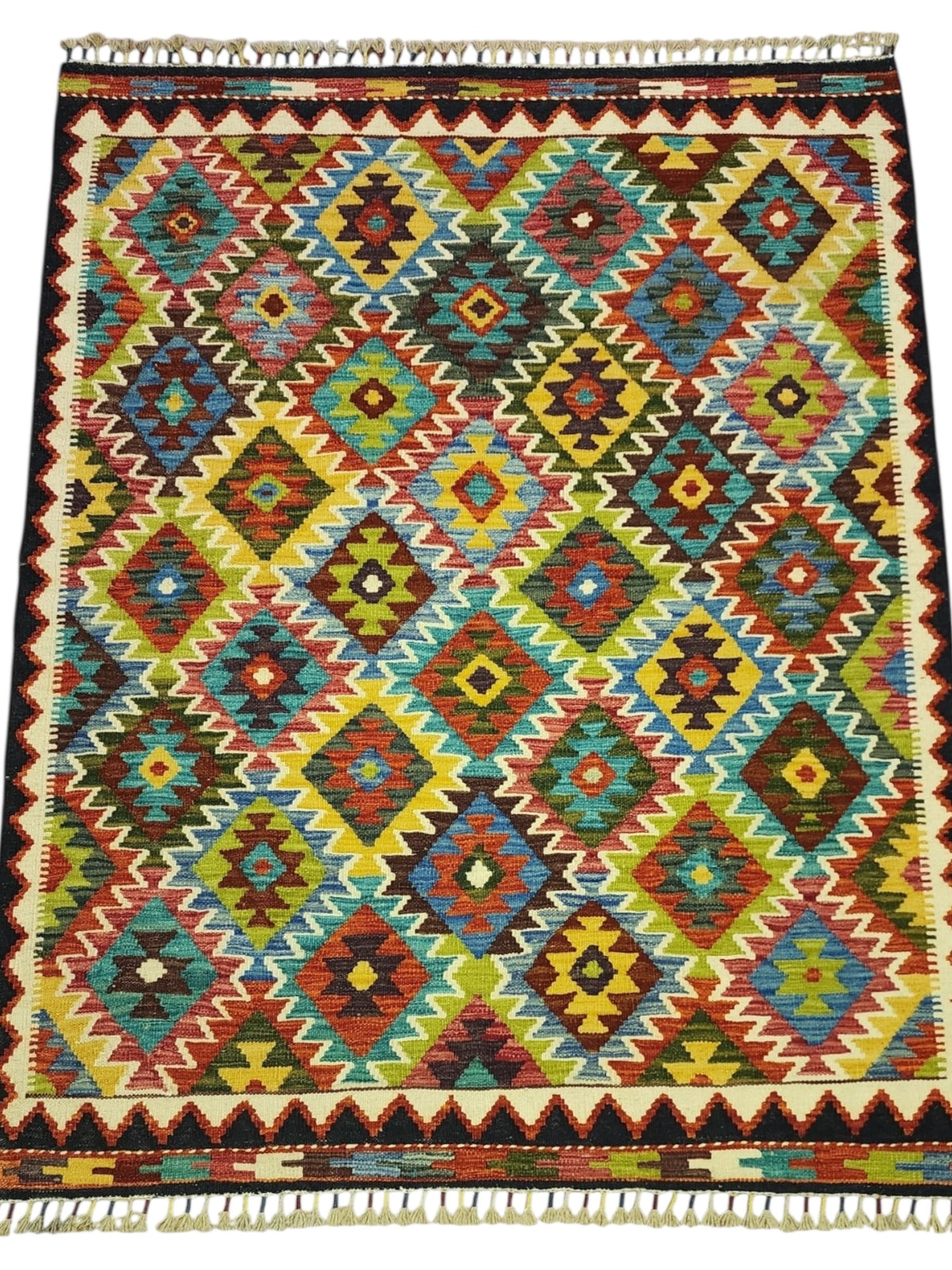Afghan Kilim Rug 4x5, Navy, Rust & Gold, Hand-Woven Wool Flatweave, view 2