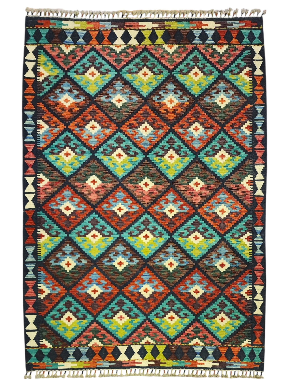 Afghan Kilim Rug 4x6, Navy, Teal & Rust, Hand-Woven Wool Flatweave