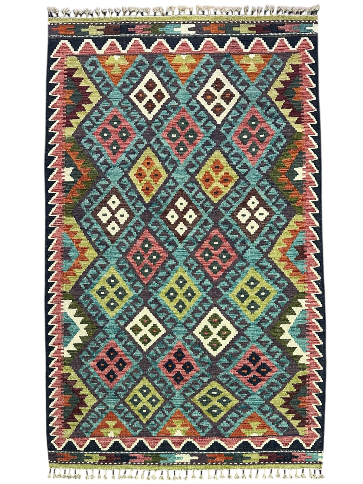 Afghan Kilim Rug 4x6, Teal, Navy & Pink, Hand-Woven Wool Flatweave