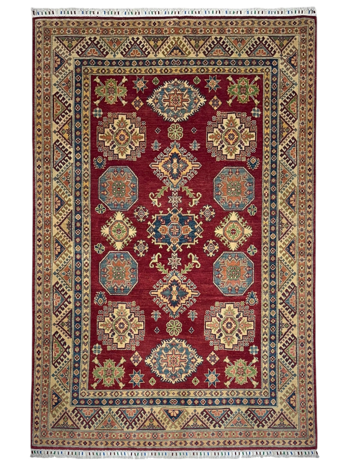 Afghan Kazak Rug 5'7" x 7'9", Hand-Knotted Wool, Cream & Red