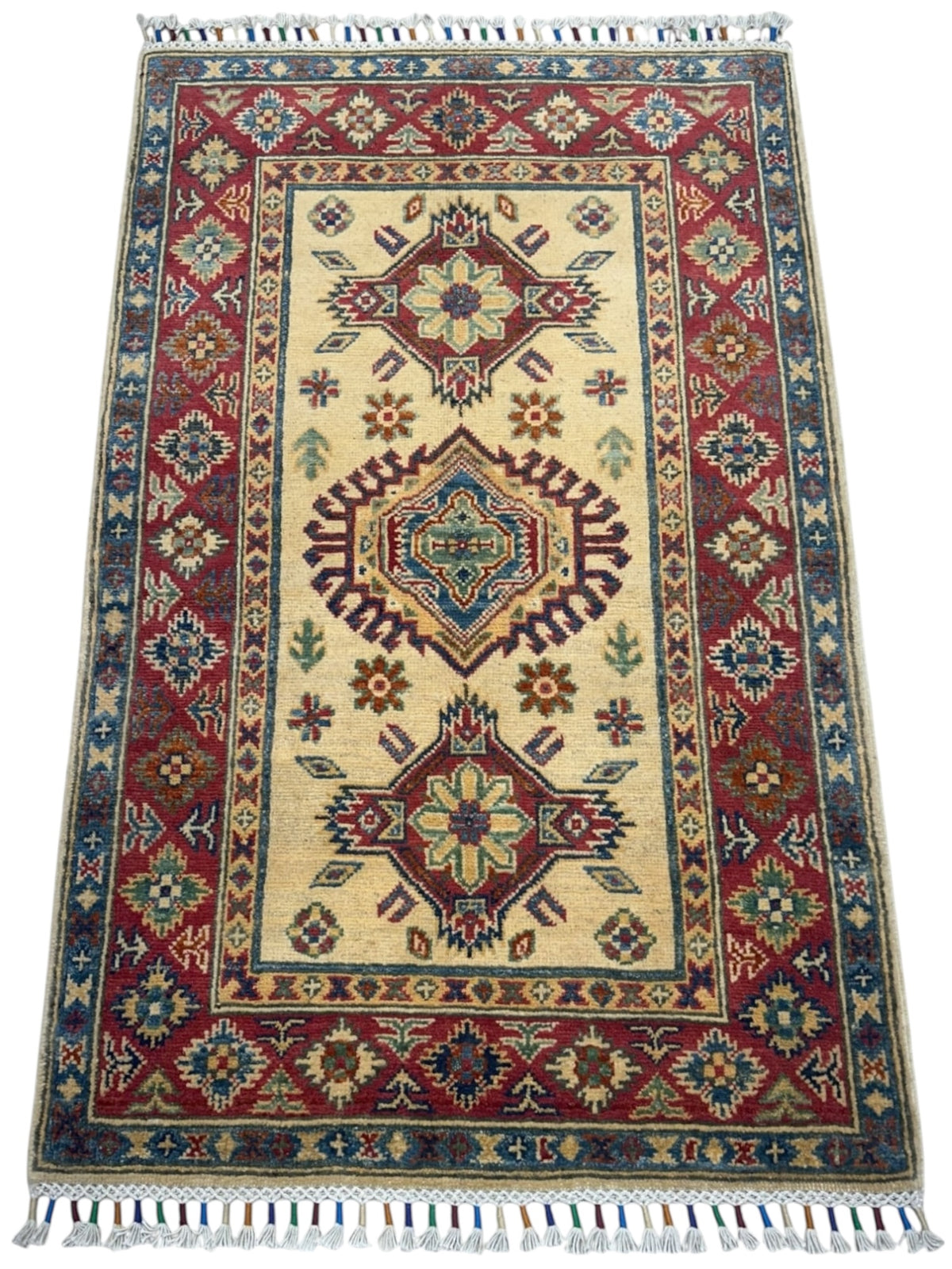 Afghan Kazak Rug 2'9" x 4'4", Hand-Knotted Wool, Cream & Red, view 3