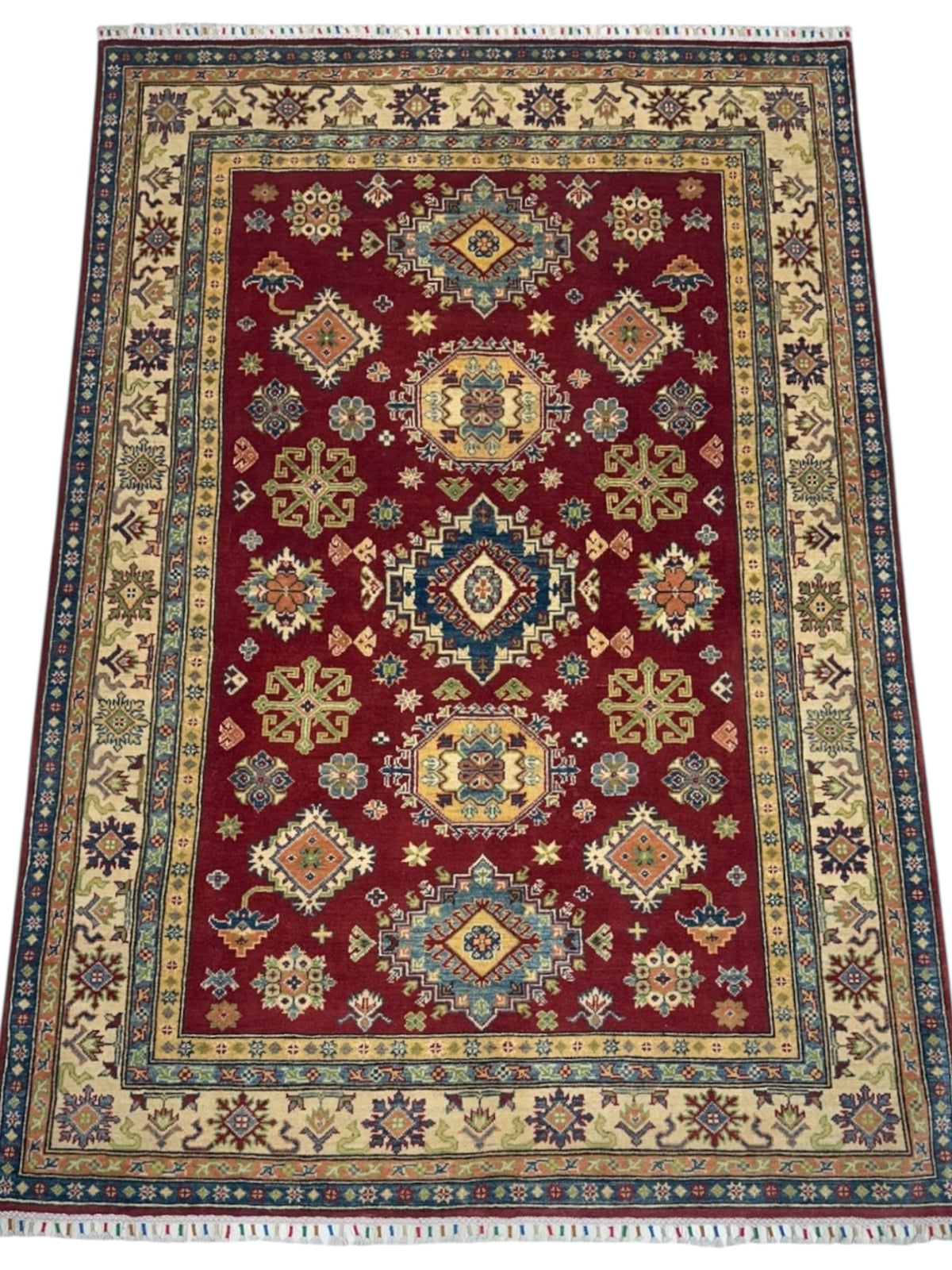 Afghan Kazak Rug 5'5" x 8', Hand-Knotted Wool, Cream & Red, view 3