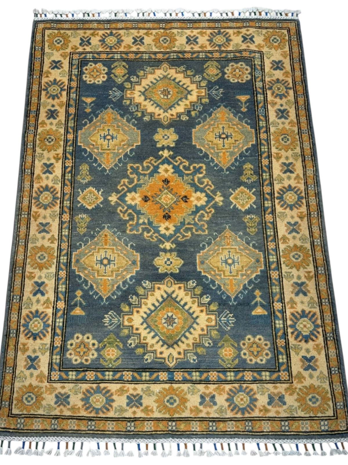Afghan Kazak Rug 3'4" x 4'11", Hand-Knotted Wool, Cream, view 2
