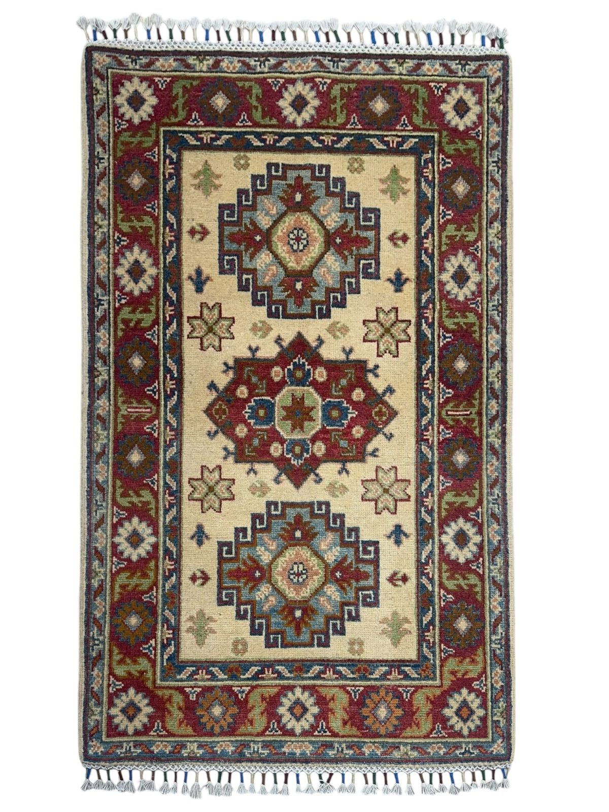 Afghan Kazak Rug 2'8" x 4'2", Hand-Knotted Wool, Cream & Red