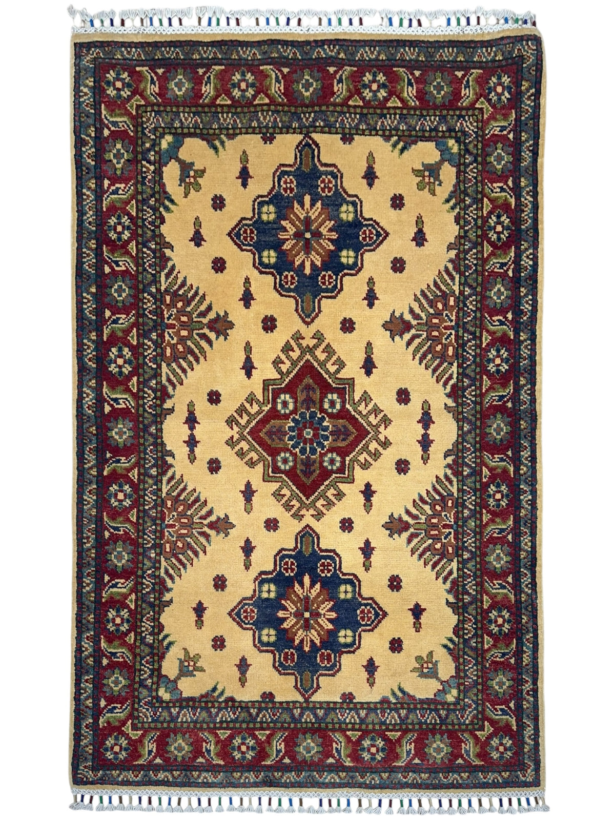 Afghan Kazak Rug 3'3" x 4'9", Hand-Knotted Wool, Blue, Cream & Red