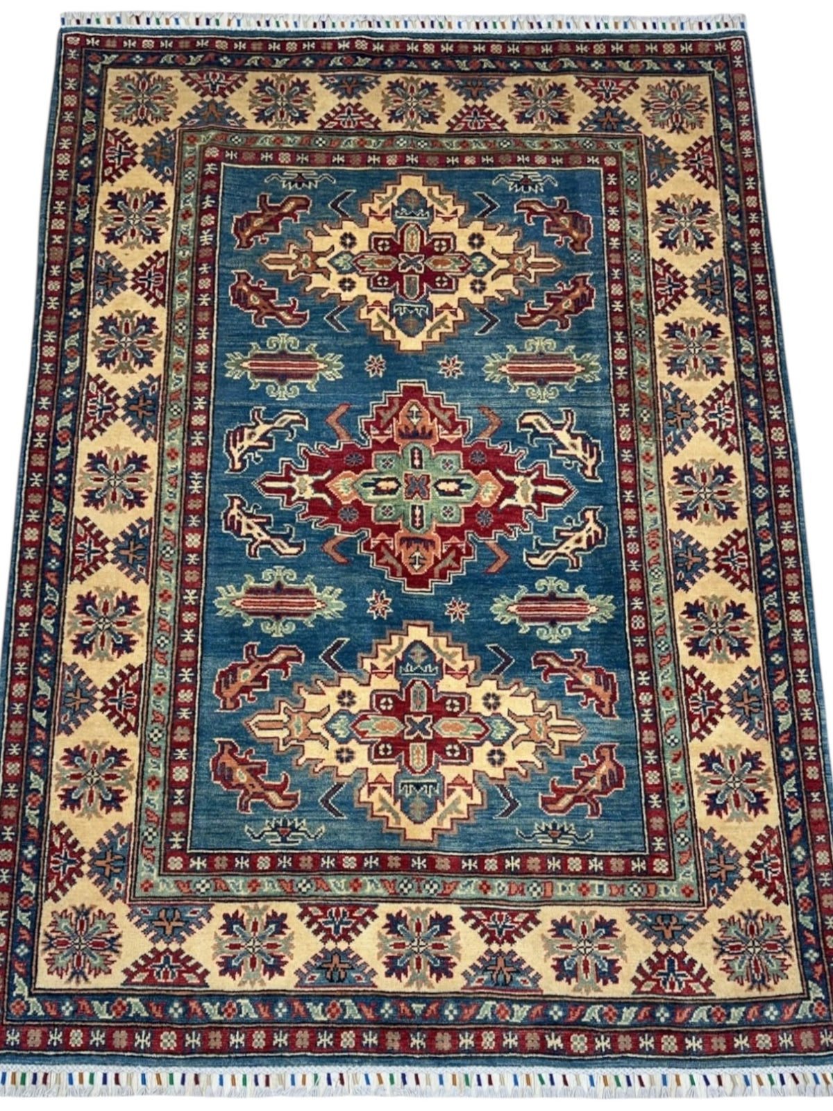 Afghan Kazak Rug 3'3" x 5', Hand-Knotted Wool, Cream & Red, view 2
