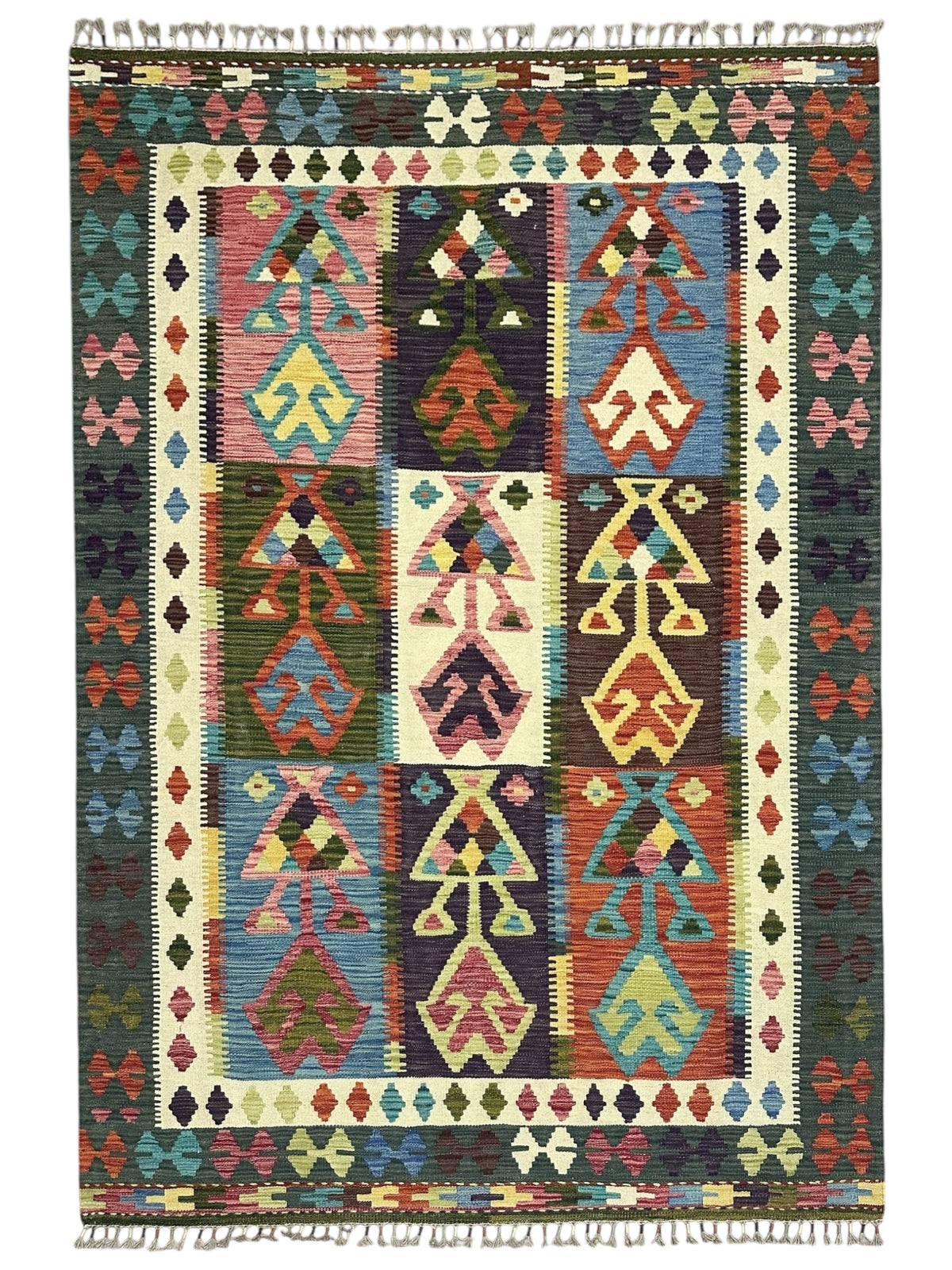Afghan Kilim Rug 5x7, Green, Ivory & Rust, Tribal Geometric Wool Flatweave