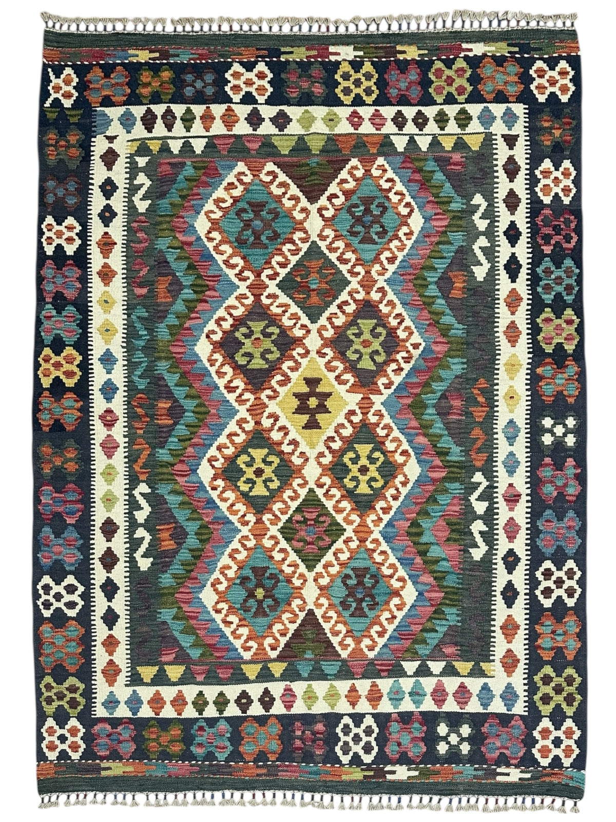 Afghan Kilim Rug 5x6, Navy, Ivory & Teal, Hand-Woven Wool Flatweave