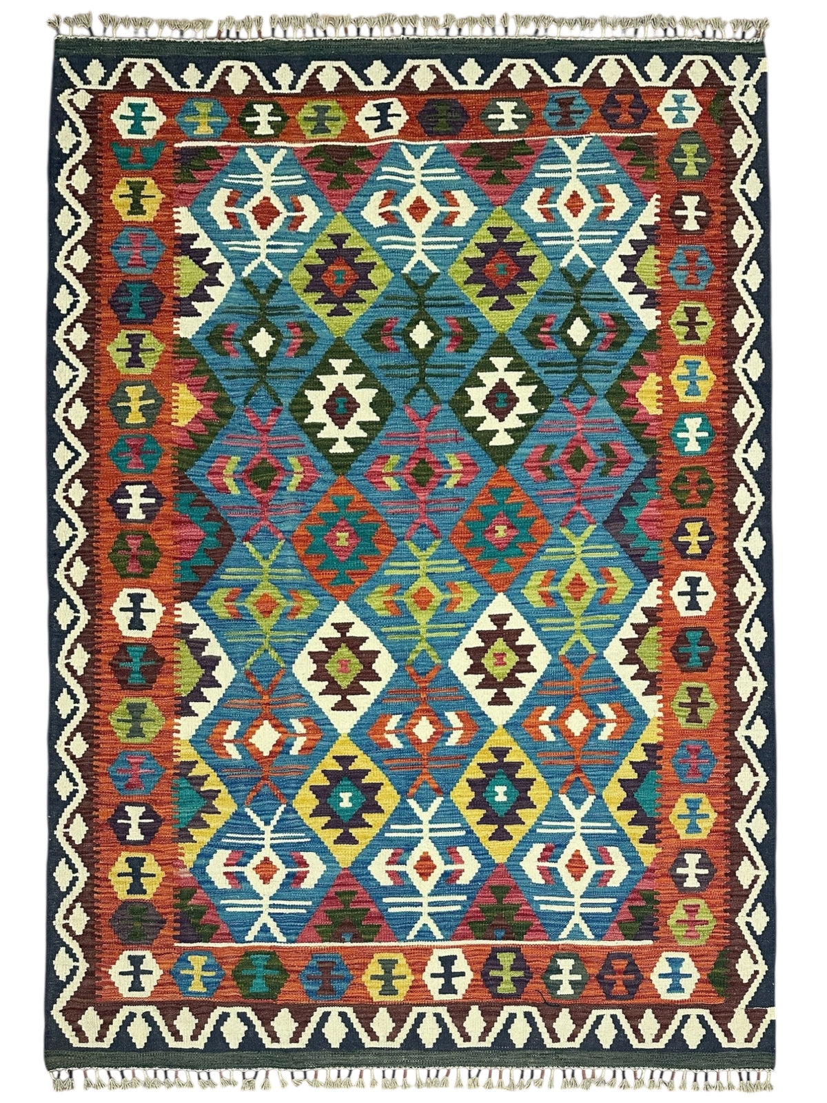 Afghan Kilim Rug 5x7, Teal, Rust & Ivory, Diamond Lattice Wool Flatweave