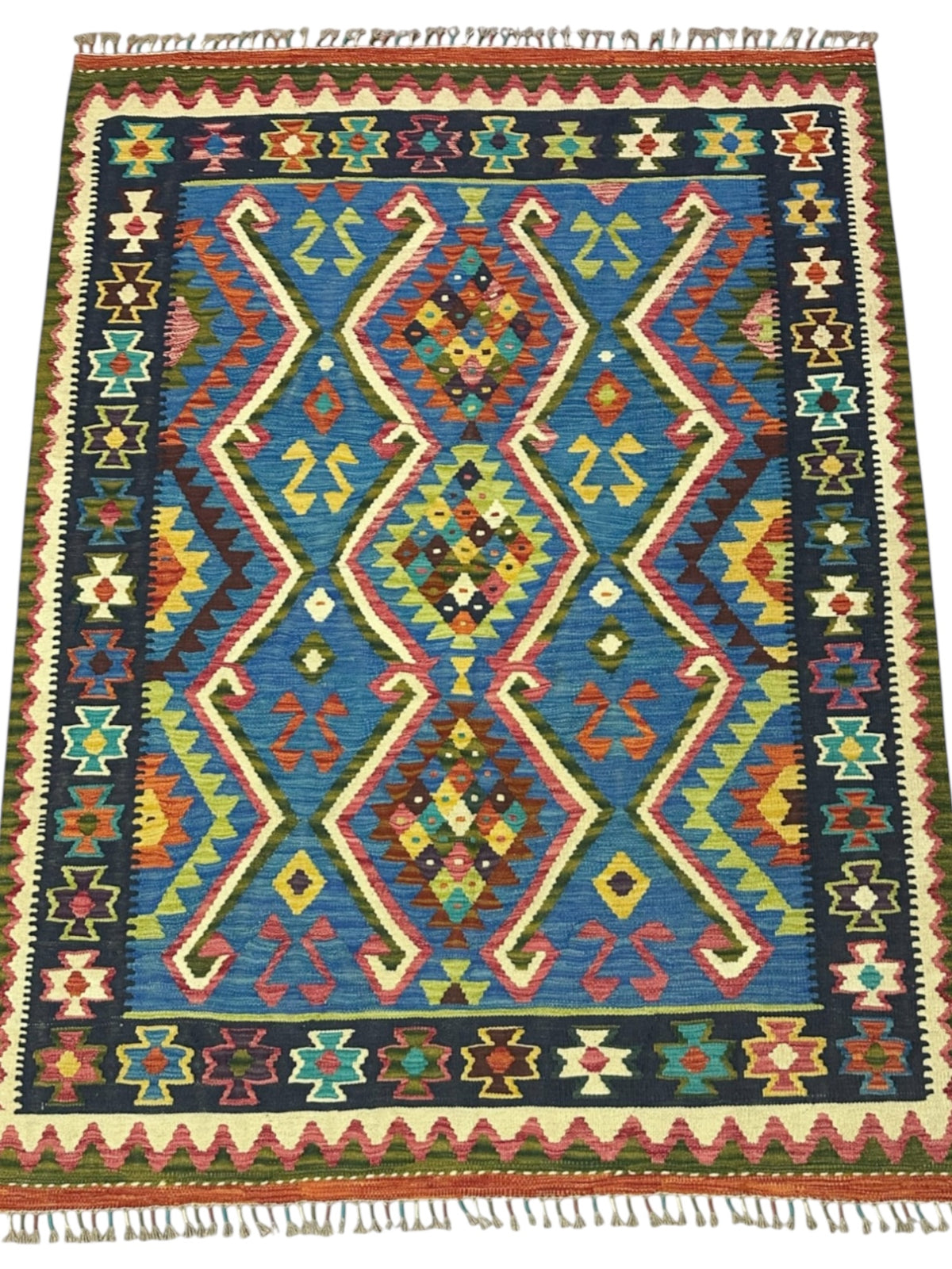 Afghan Kilim Rug 5x7, Blue, Navy & Rust, Hand-Woven Wool Flatweave, view 2