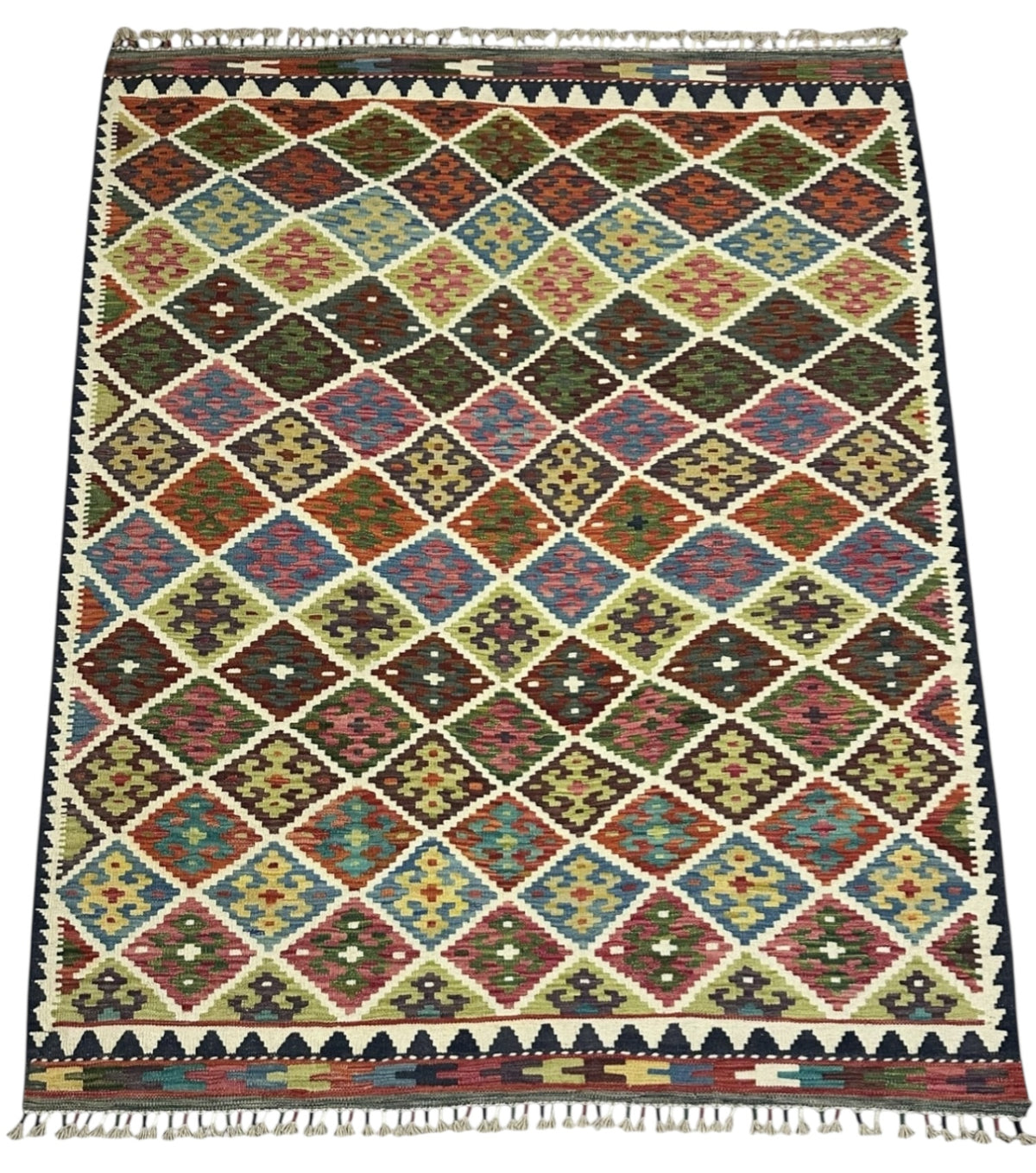 Afghan Kilim Rug 5x7, Brown, Olive Green & Rust, Hand-Woven Wool Flatweave, view 2