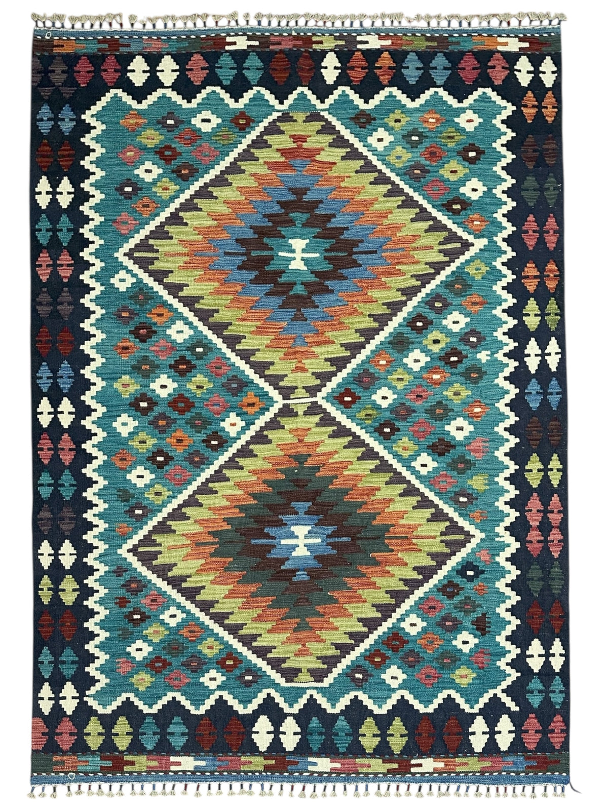 Afghan Kilim Rug 5x7, Teal, Navy & Olive Green, Hand-Woven Wool Flatweave