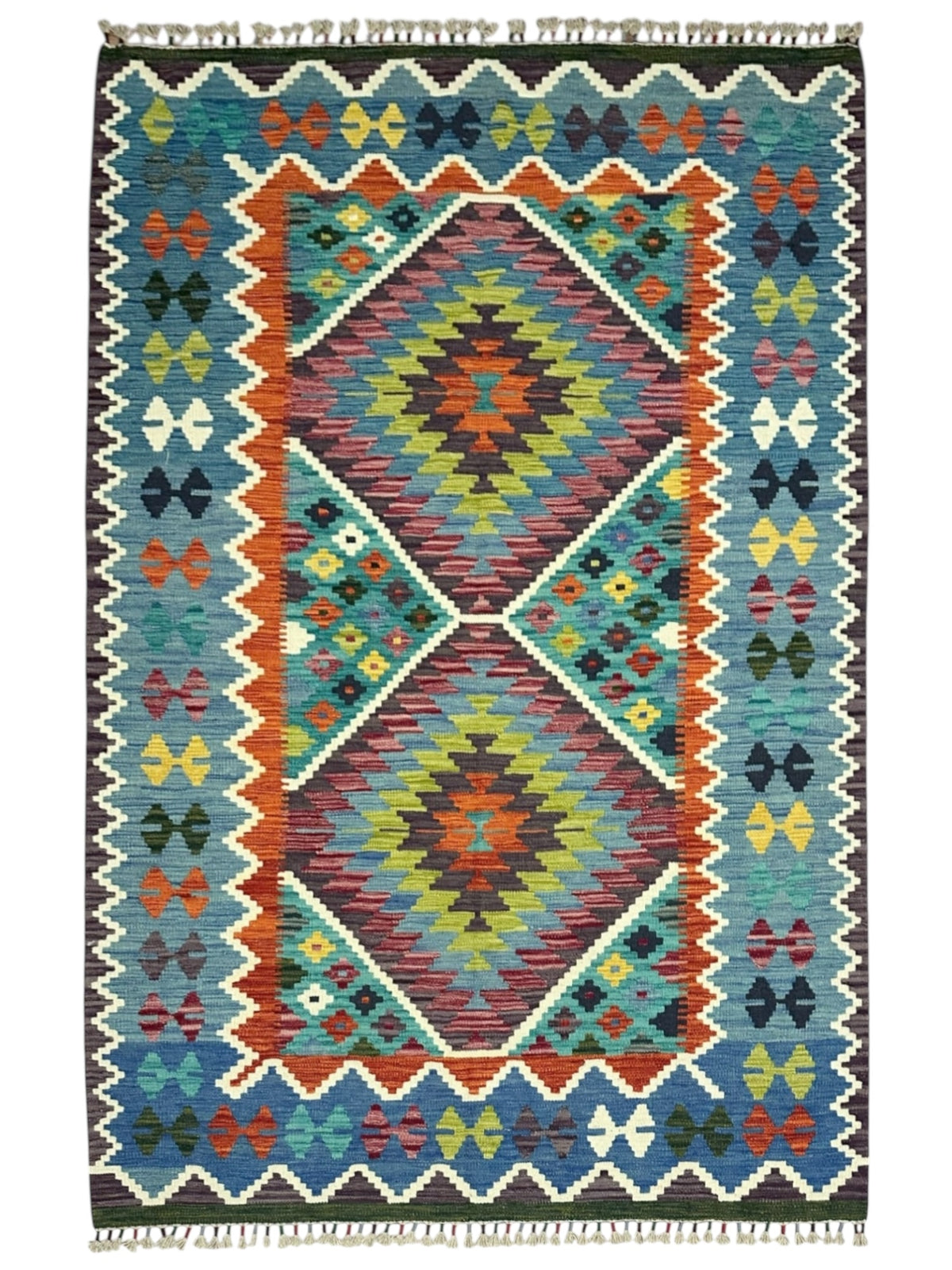 Afghan Kilim Rug 5x7, Blue, Teal & Purple, Hand-Woven Wool Flatweave