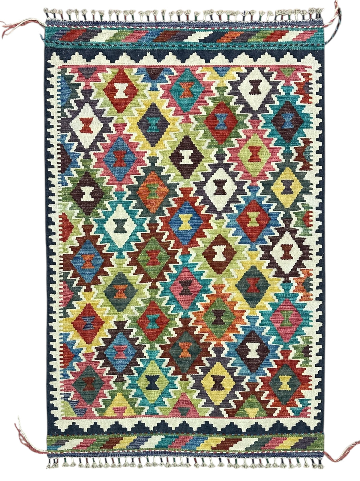Afghan Kilim Rug 3x5, Ivory, Rust & Teal, Diamond Lattice Wool Flatweave