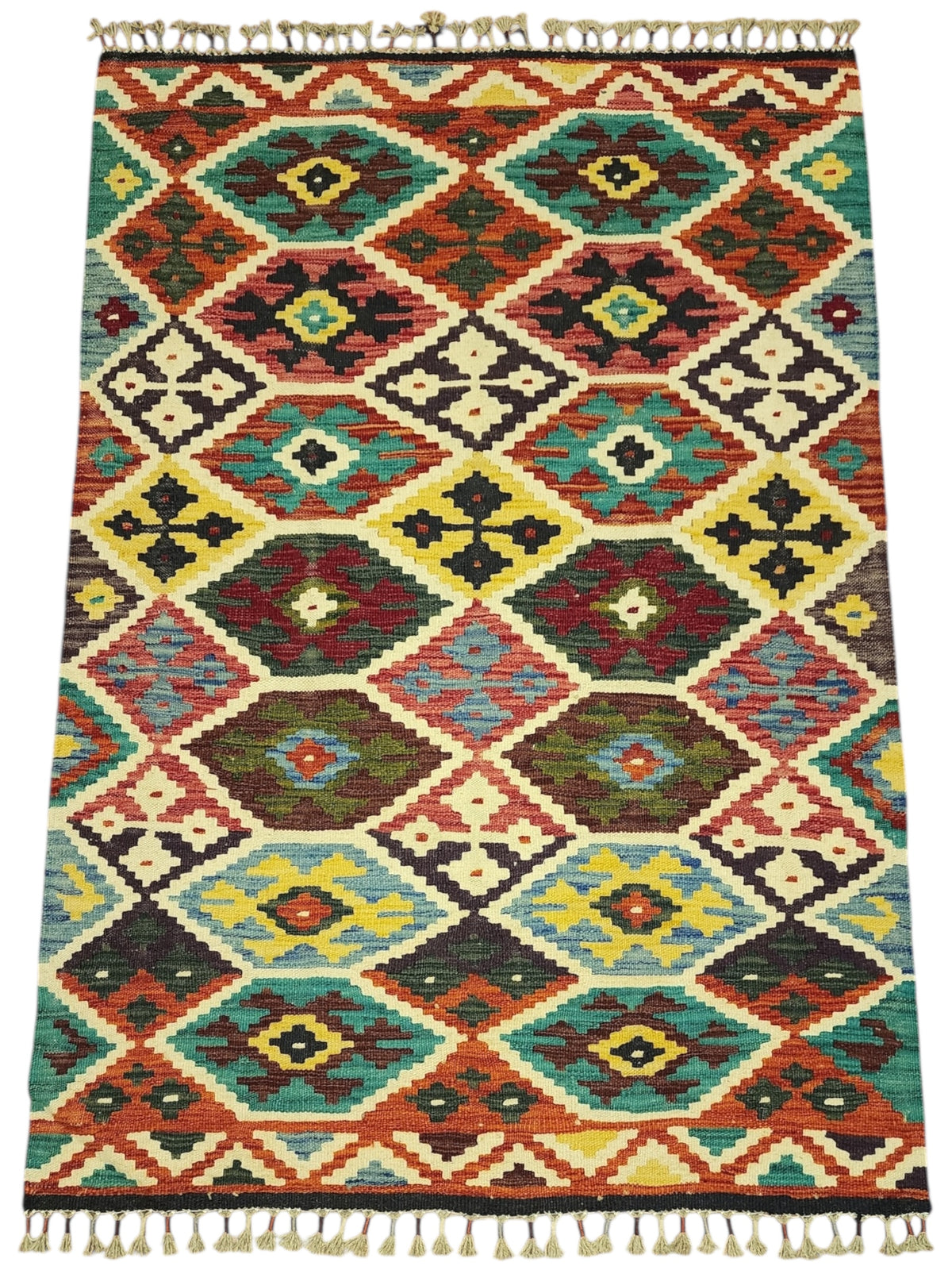 Afghan Kilim Rug 3x5, Rust, Ivory & Teal, Diamond Lattice Wool Flatweave, view 2