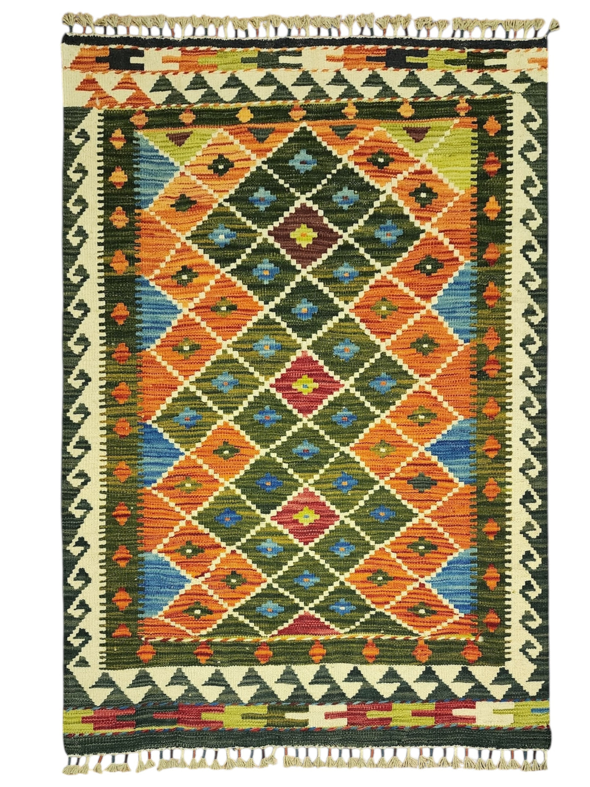 Afghan Kilim Rug 3x5, Green, Orange & Ivory, Hand-Woven Wool Flatweave