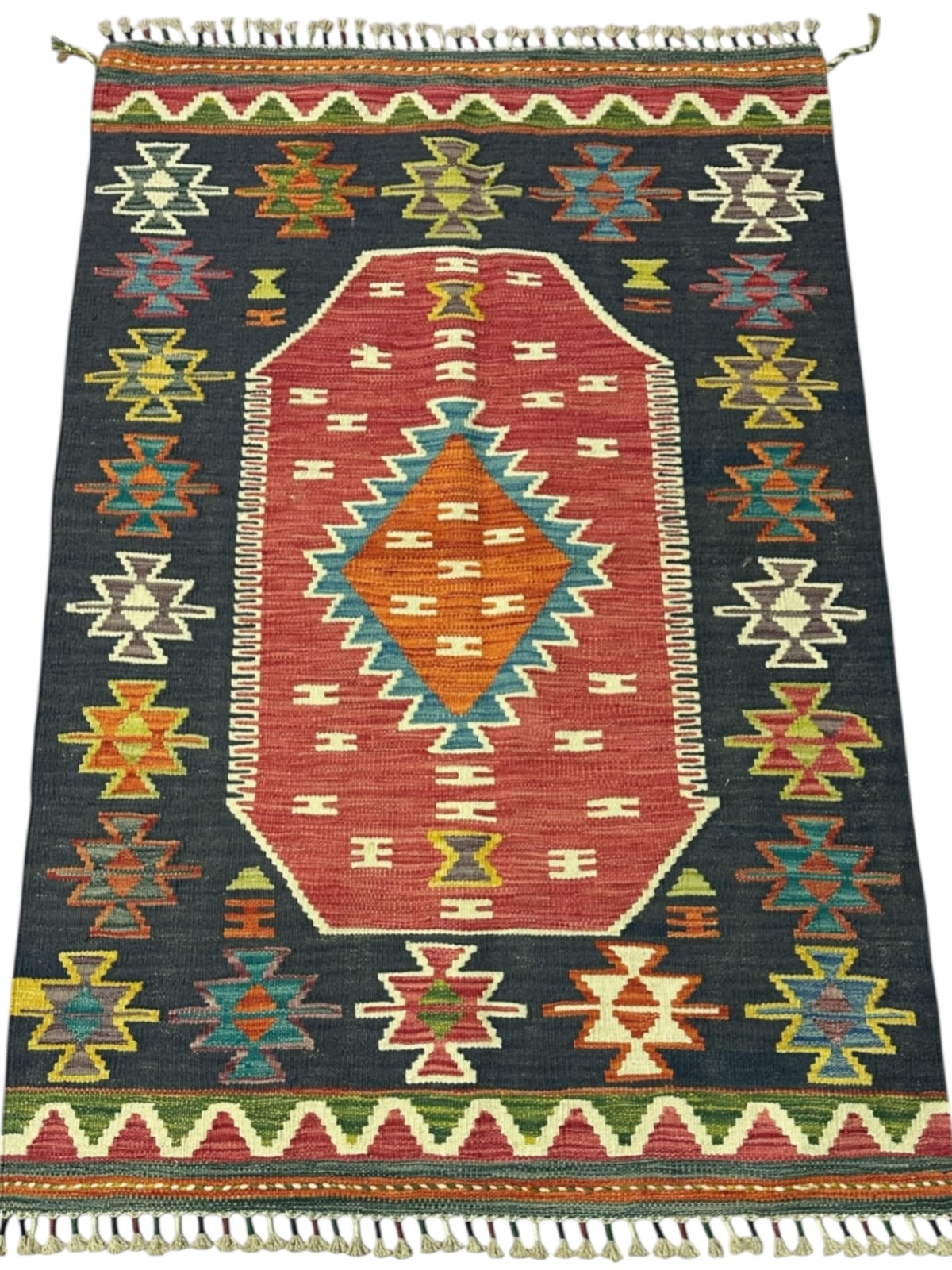 Afghan Kilim Rug 3x5, Navy, Red & Orange, Hand-Woven Wool Flatweave, view 2