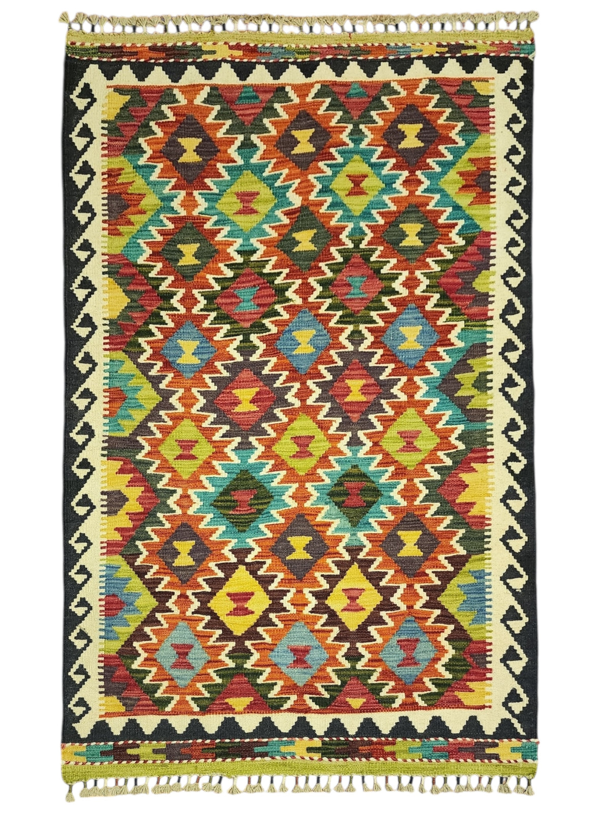 Afghan Kilim Rug 3x5, Rust, Orange & Teal, Hand-Woven Wool Flatweave