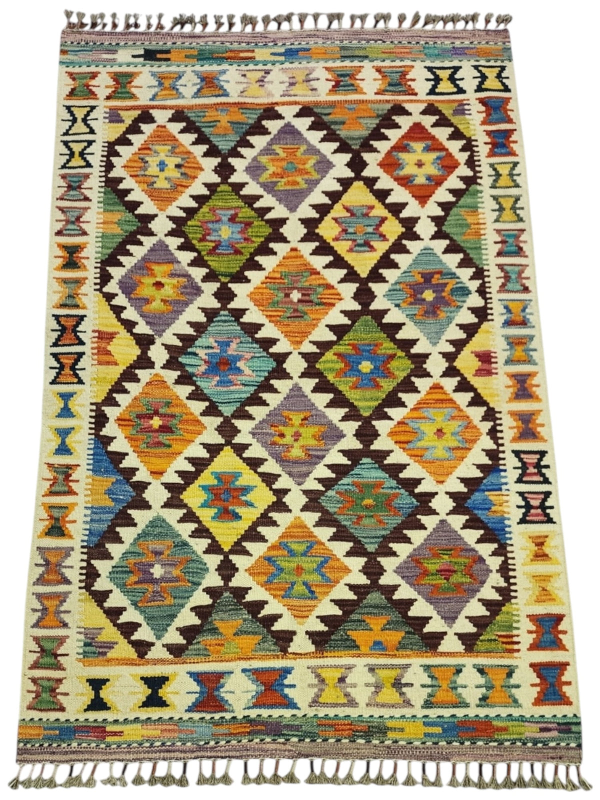 Afghan Kilim Rug 3x5, Ivory, Brown & Orange, Hand-Woven Wool Flatweave, view 2
