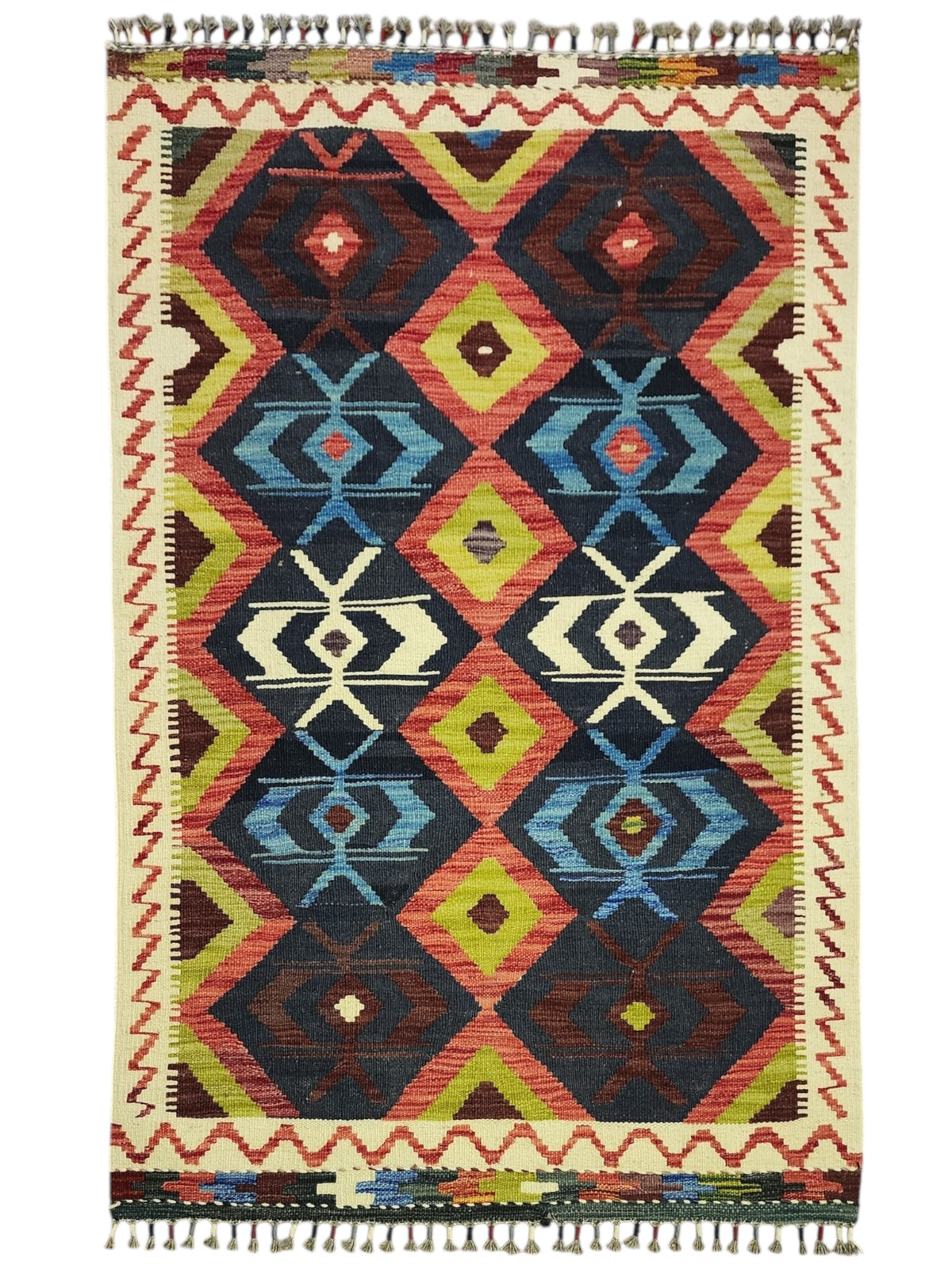 Afghan Kilim Rug 3x5, Navy, Rust & Olive Green, Hand-Woven Wool Flatweave
