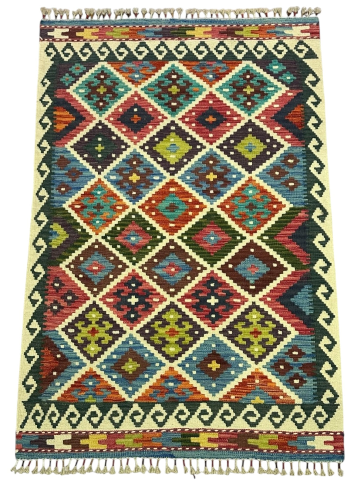 Afghan Kilim Rug 4x5, Ivory, Green & Rust, Hand-Woven Wool Flatweave, view 2