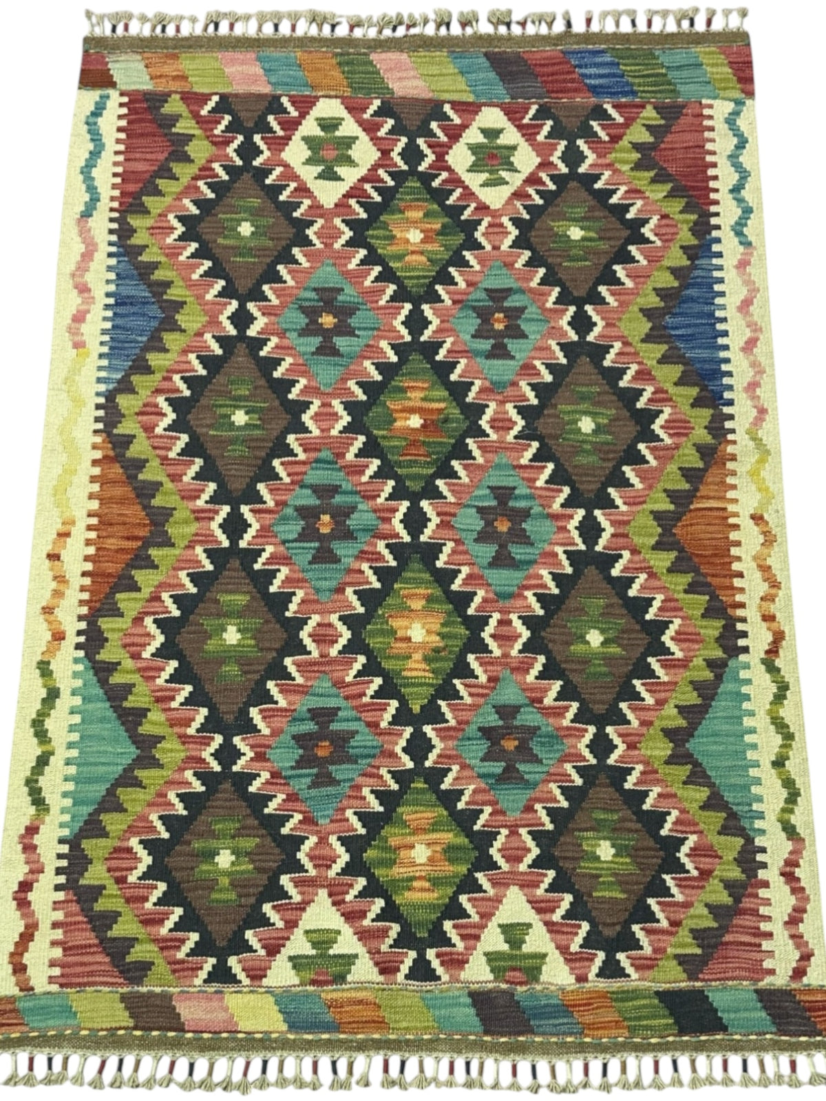 Afghan Kilim Rug 4x5, Navy, Rust & Teal, Hand-Woven Wool Flatweave, view 2