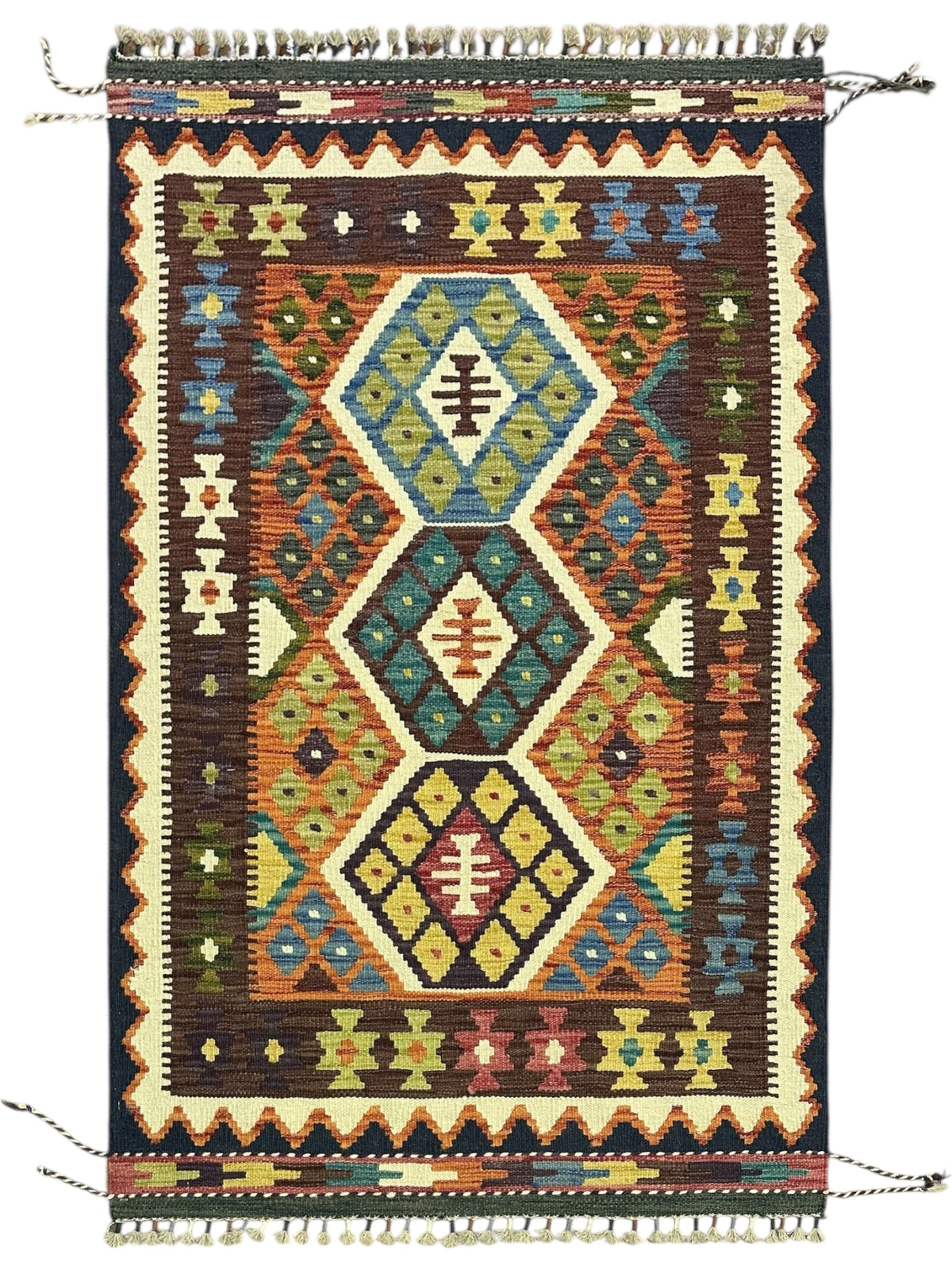 Afghan Kilim Rug 3x5, Brown, Rust & Ivory, Hand-Woven Wool Flatweave