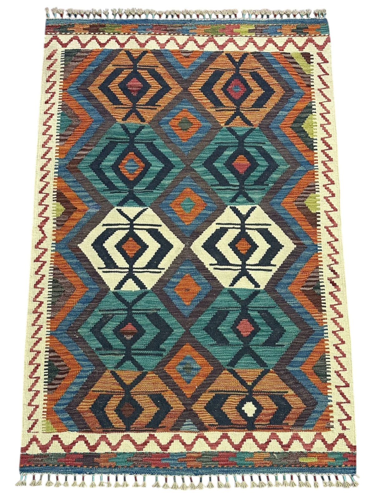 Afghan Kilim Rug 3x5, Teal, Orange & Navy, Hand-Woven Wool Flatweave, view 2