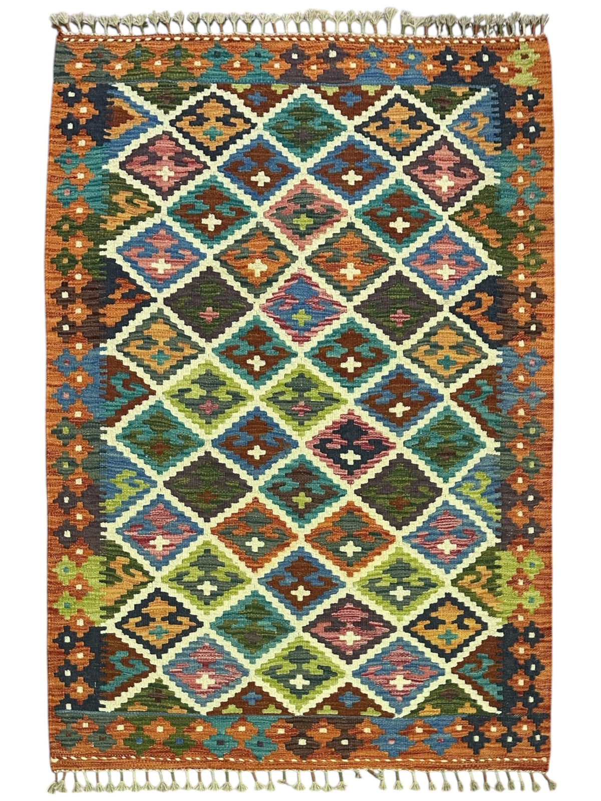 Afghan Kilim Rug 4x5, Orange, Teal & Olive Green, Hand-Woven Wool Flatweave