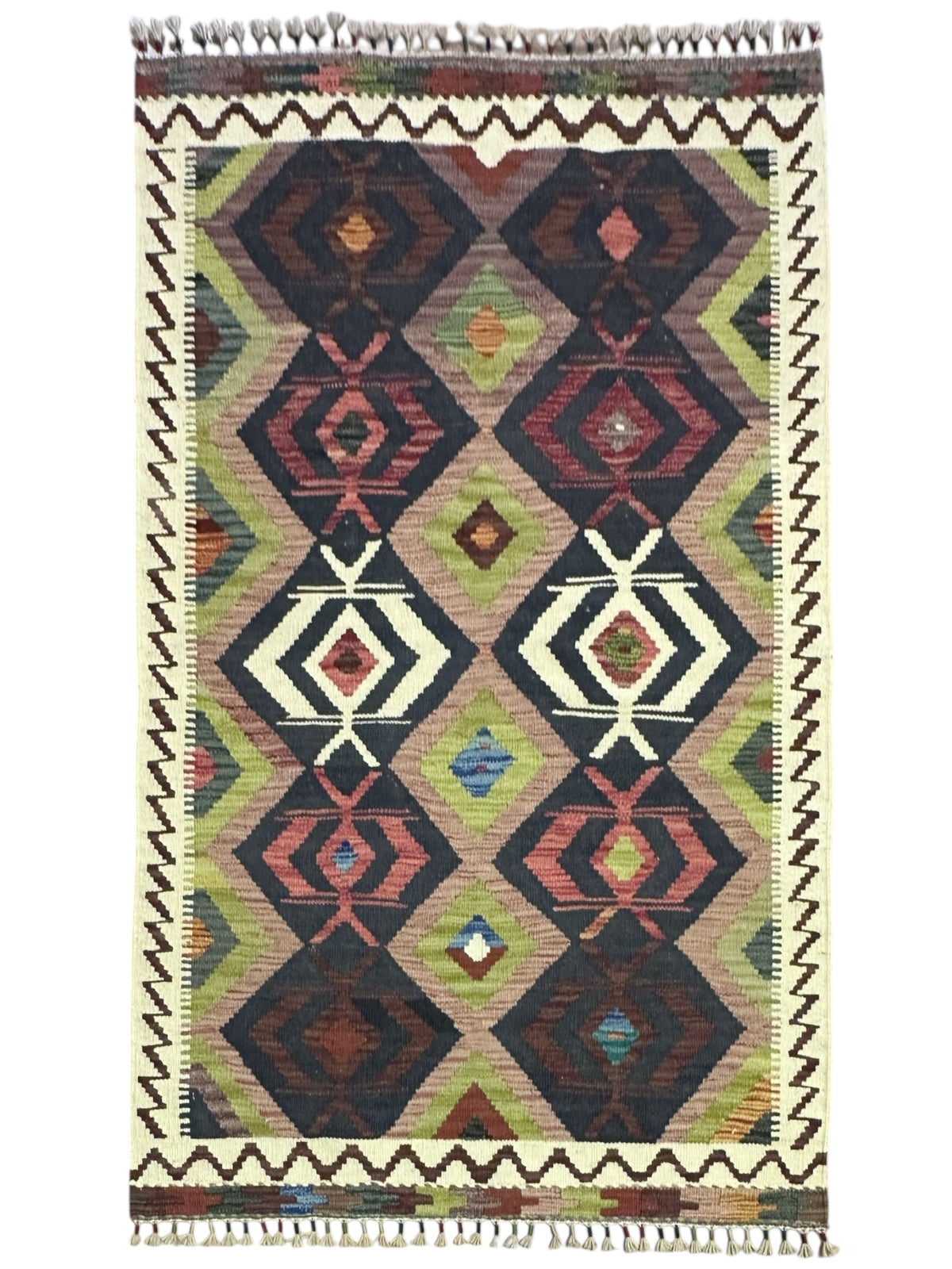 Afghan Kilim Rug 3x5, Navy, Purple & Olive Green, Hand-Woven Wool Flatweave
