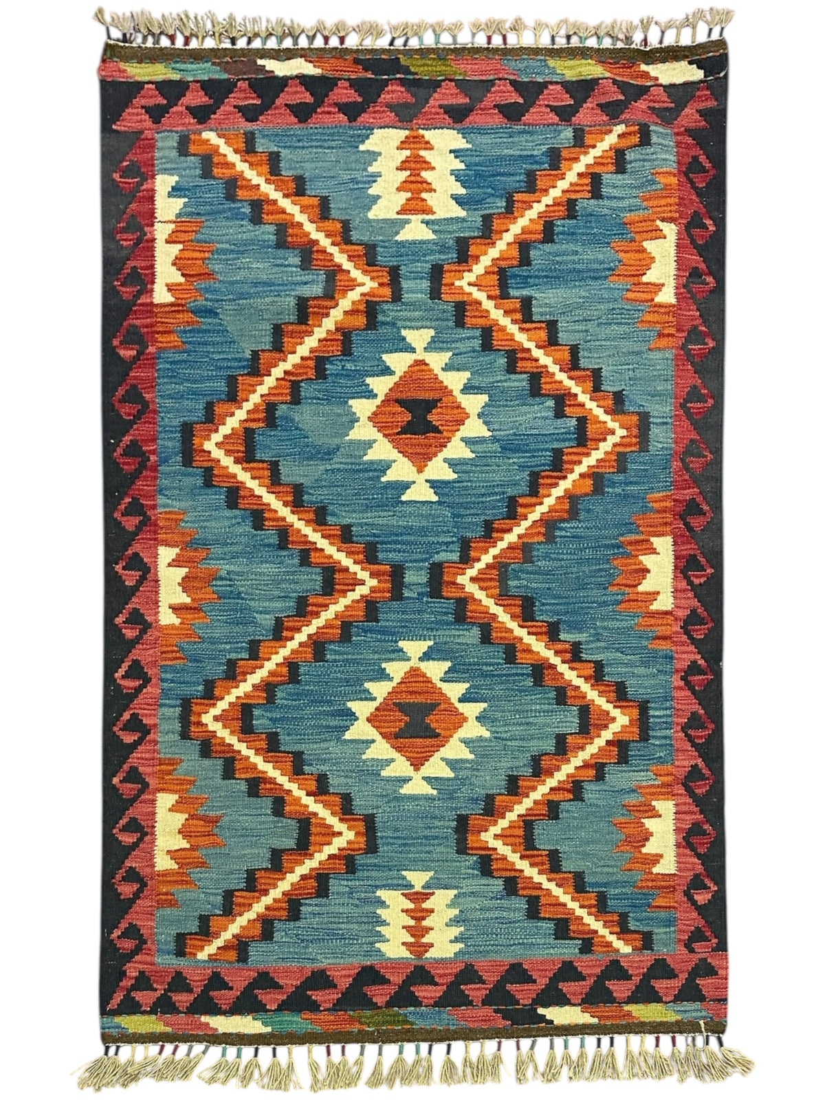 Afghan Kilim Rug 3x5, Blue, Rust & Navy, Hand-Woven Wool Flatweave