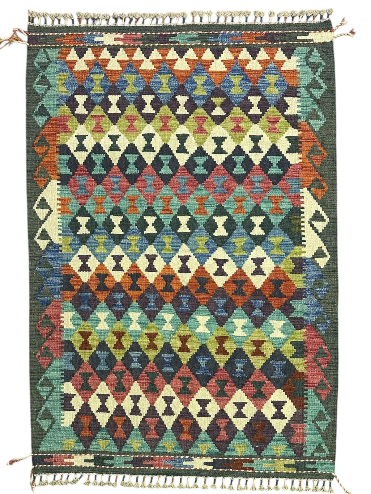 Afghan Kilim Rug 4x5, Teal, Navy & Ivory, Hand-Woven Wool Flatweave