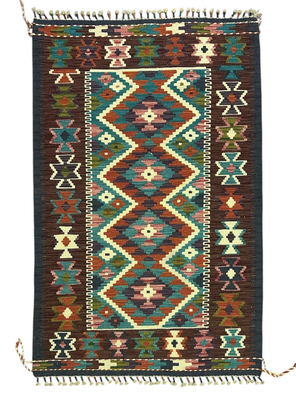 Afghan Kilim Rug 3x5, Brown, Teal & Rust, Hand-Woven Wool Flatweave