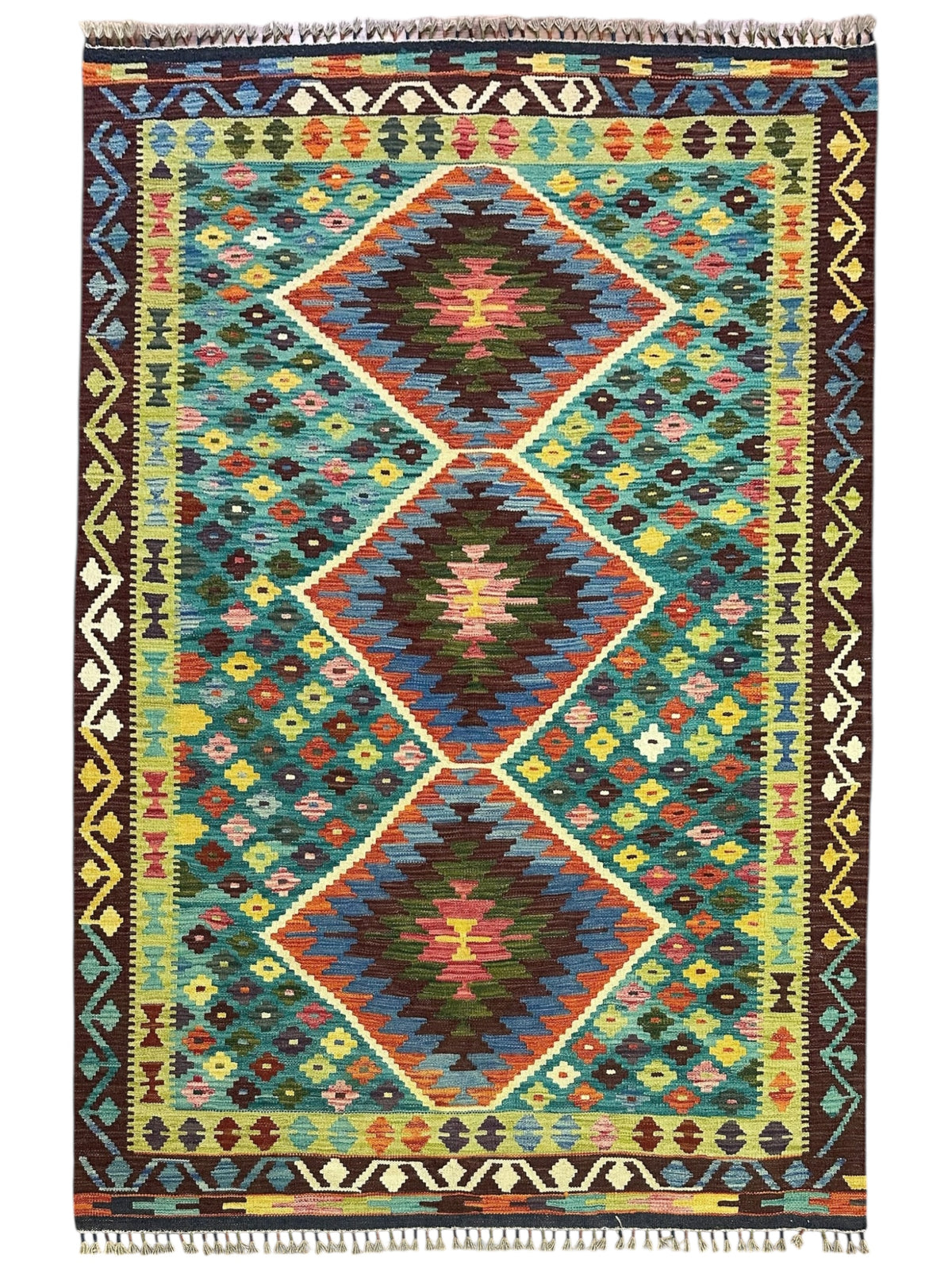 Afghan Kilim Rug 5x7, Teal, Brown & Olive Green, Hand-Woven Wool Flatweave