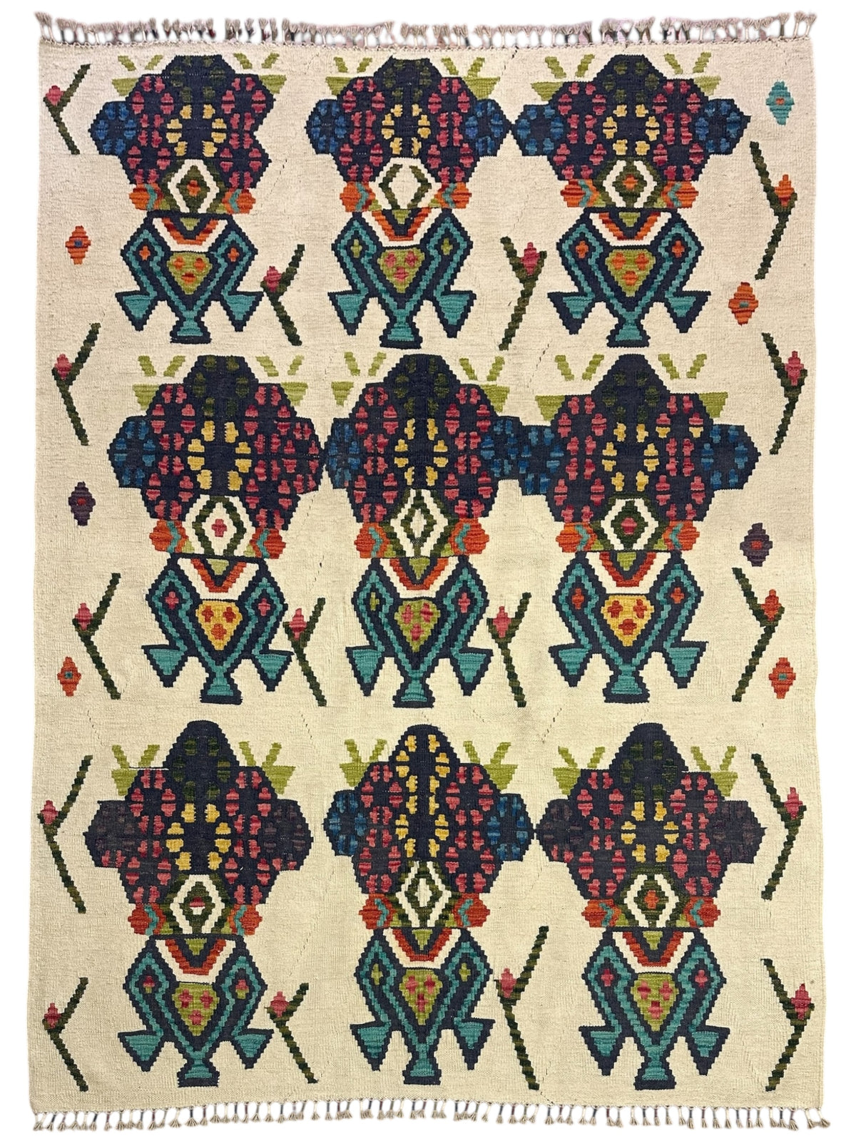 Afghan Kilim Rug 6x7, Ivory, Navy & Teal, Hand-Woven Wool Flatweave