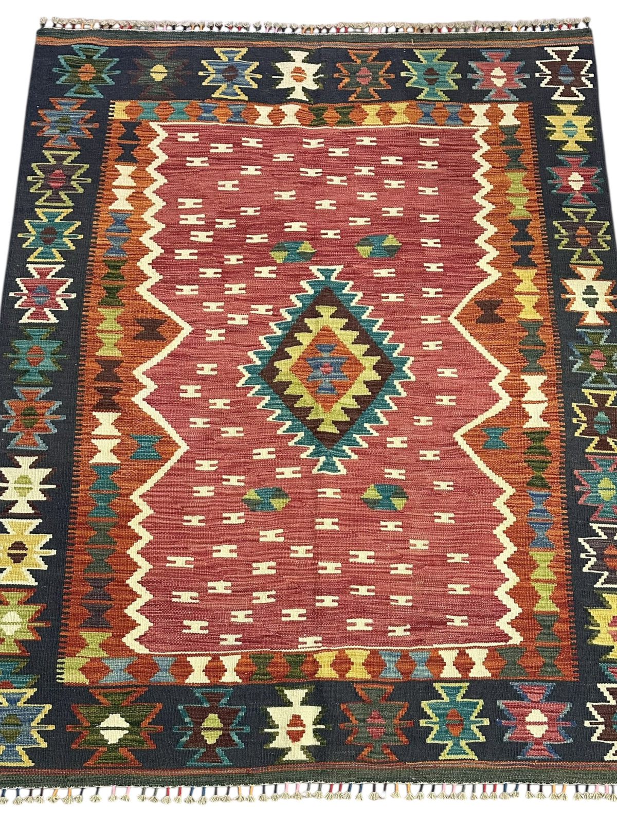 Afghan Kilim Rug 5x6, Red, Navy & Ivory, Hand-Woven Wool Flatweave, view 2
